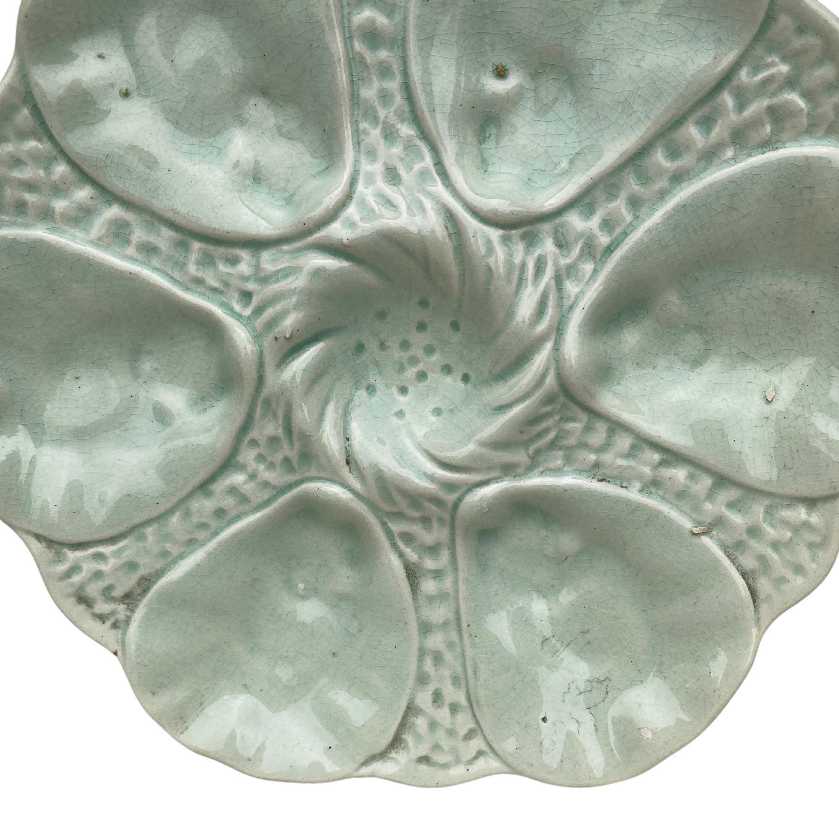 French Provincial French Majolica Celadon Oyster Plate Orchies, circa 1910 For Sale