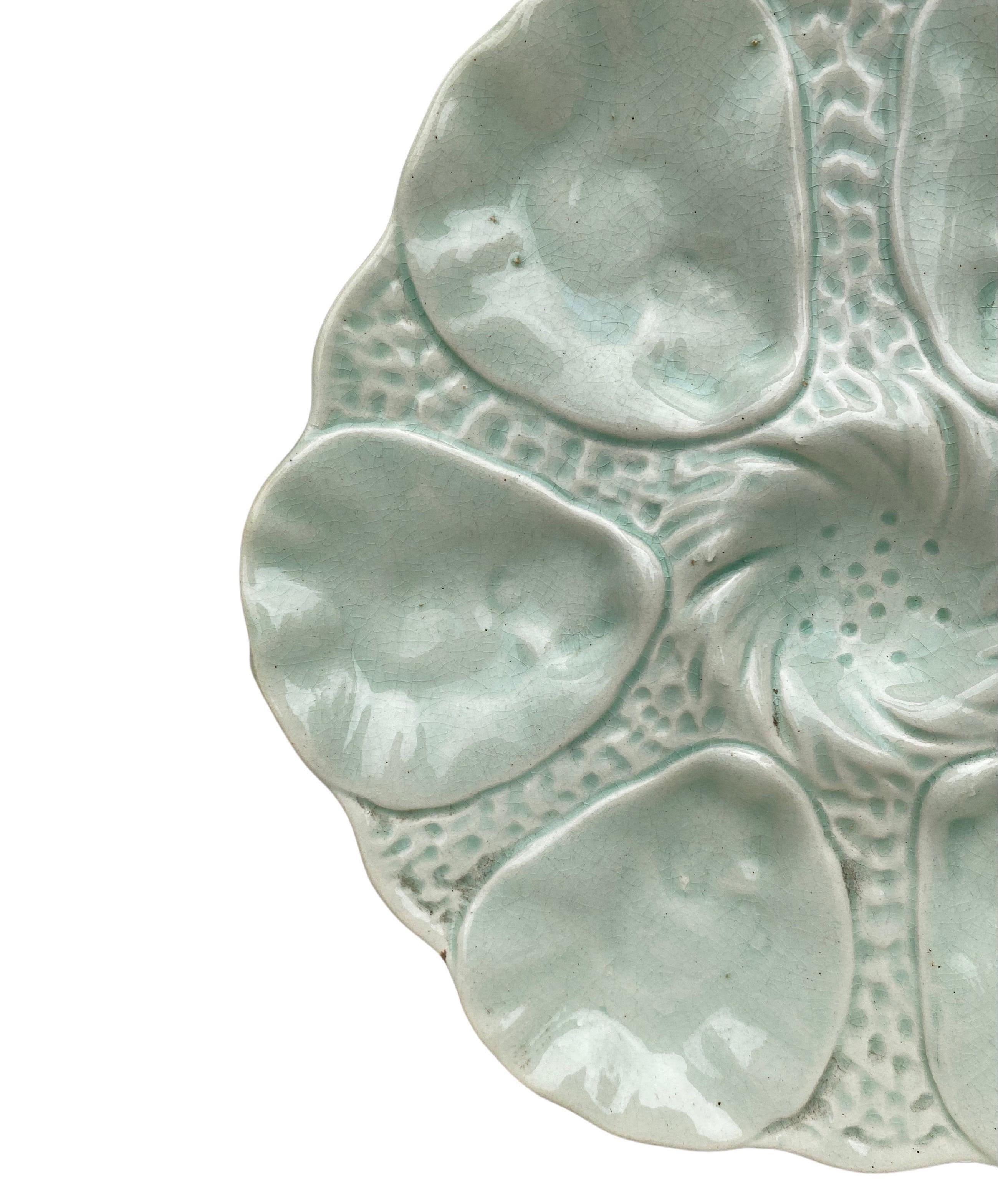 French Majolica Celadon Oyster Plate Orchies, circa 1910 In Good Condition In Austin, TX