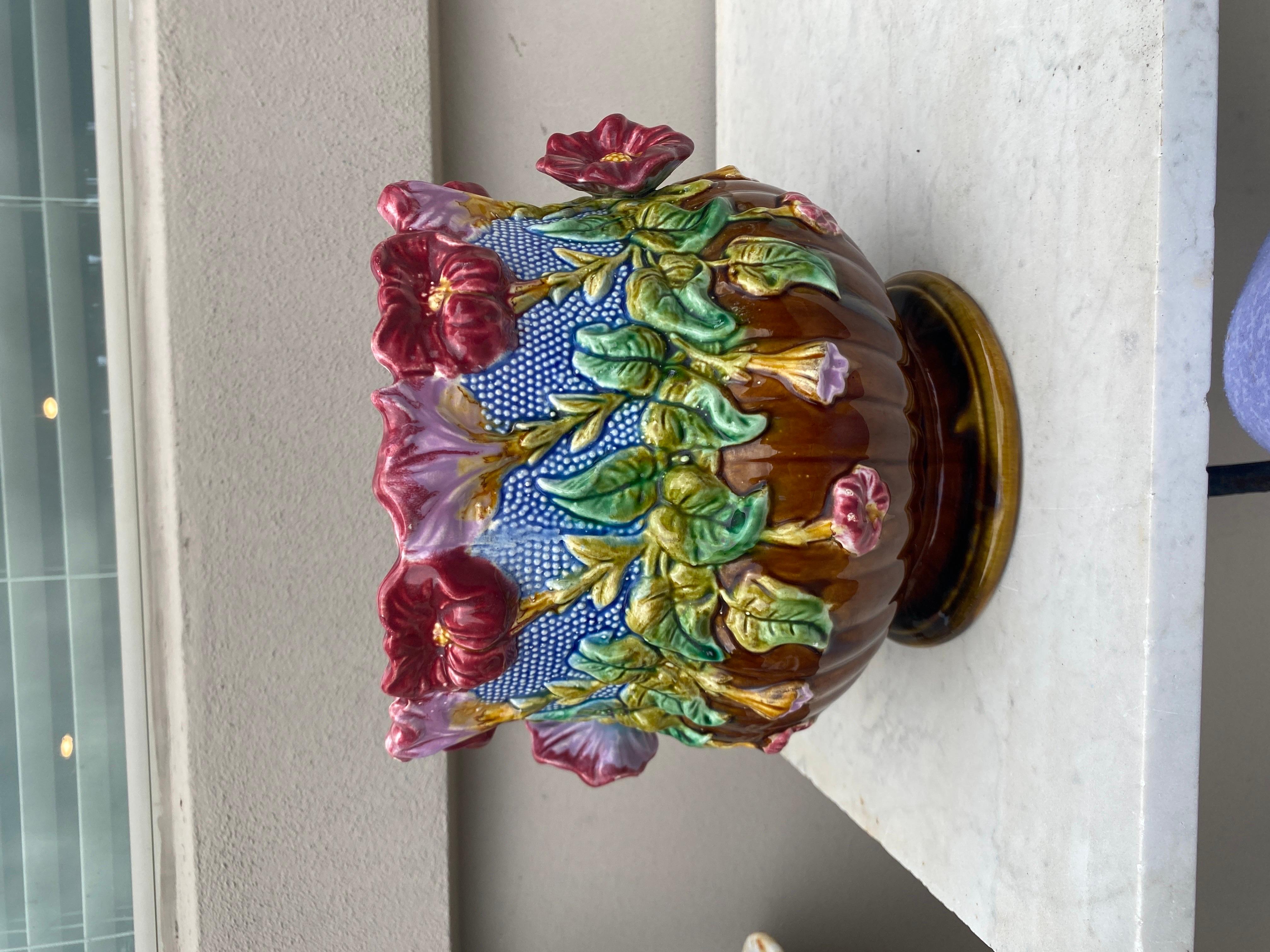 French Majolica Flowers Cache pot Orchies circa 1890 2