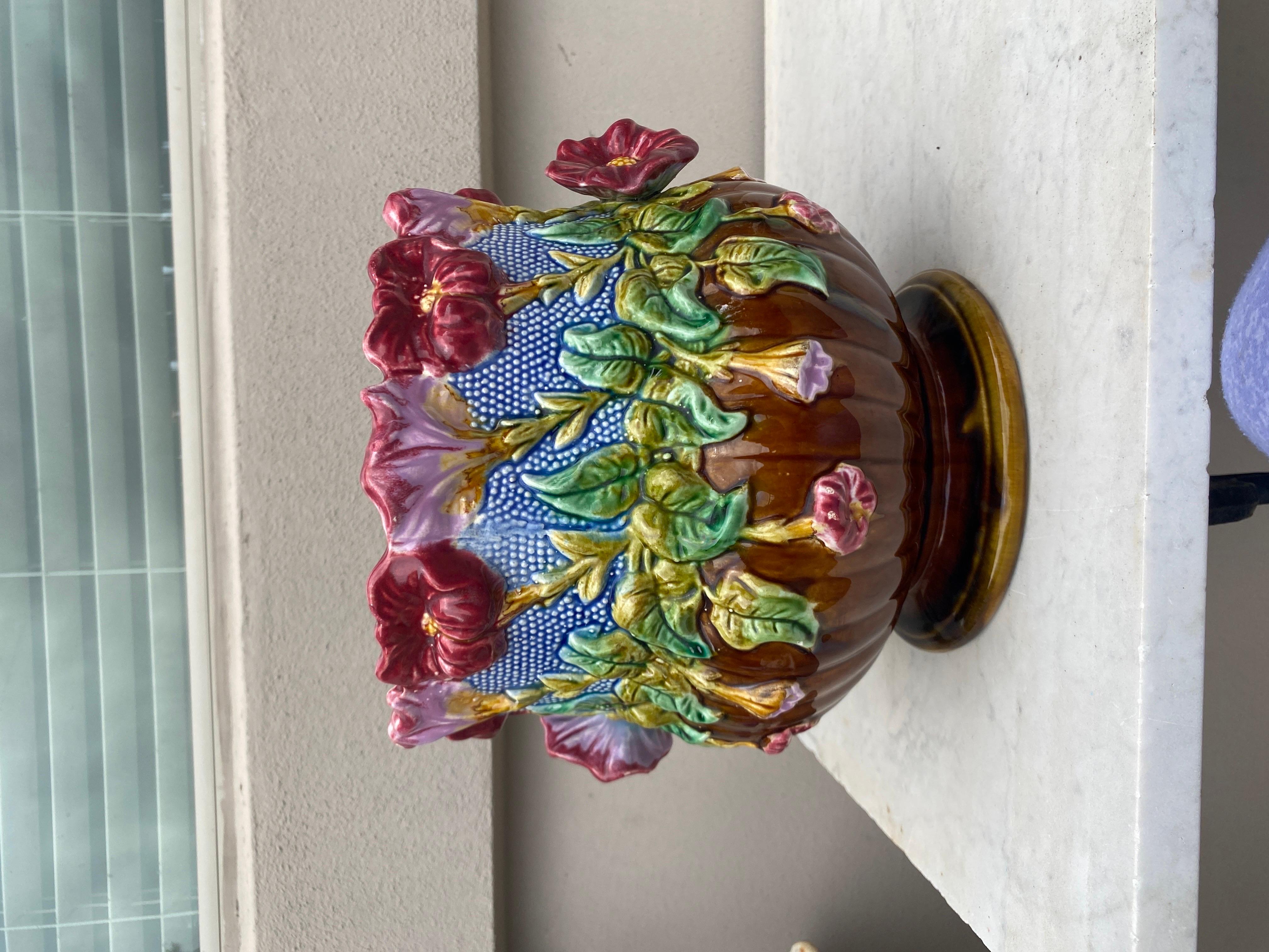 French Majolica Flowers Cache pot Orchies circa 1890 3