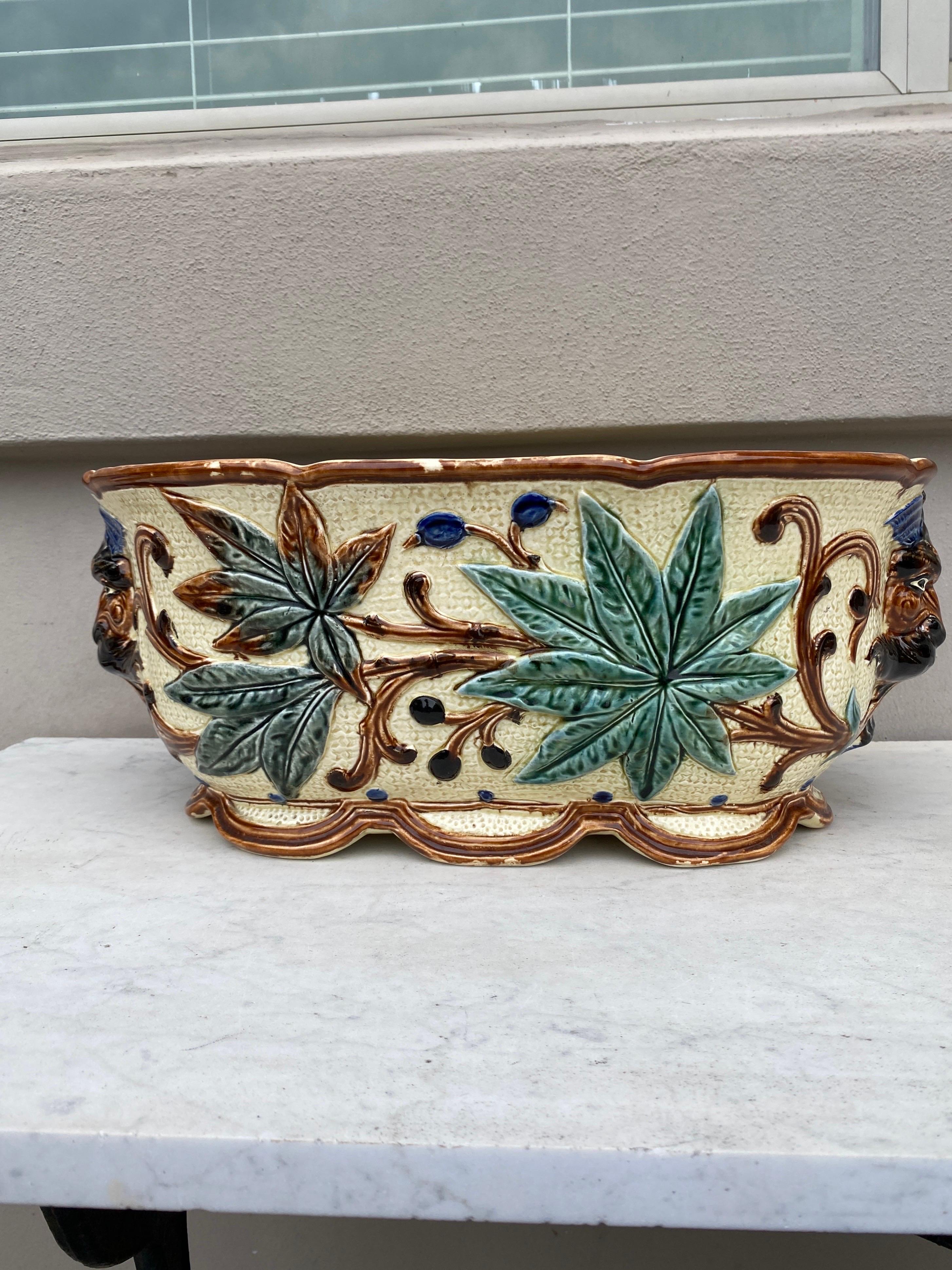 Rustic Large 19th Century Majolica Jardinière Leaves Wasmuel For Sale