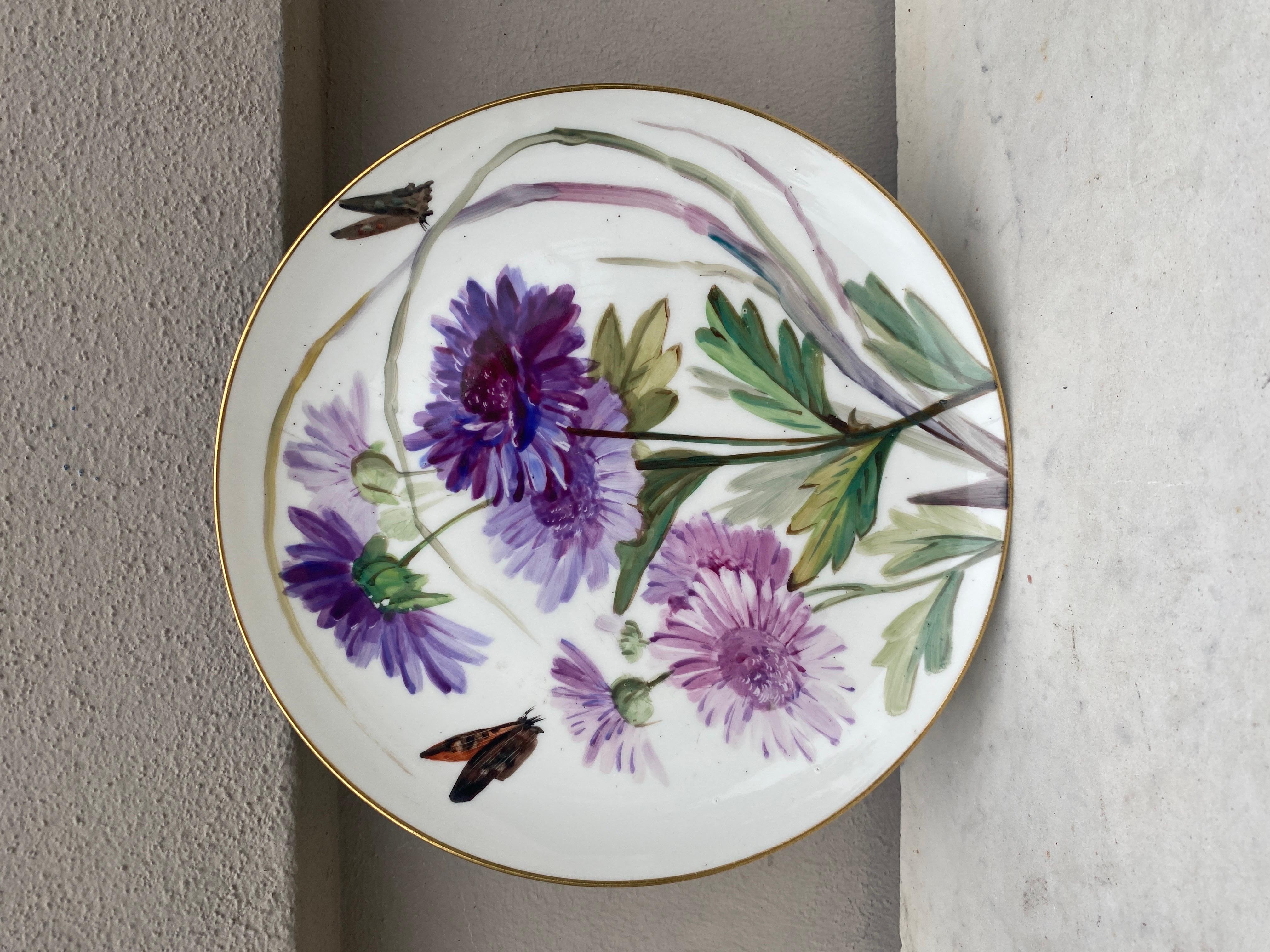 Pair of 19th French Porcelain Plates Flowers & Butterflies Limoges In Good Condition For Sale In Austin, TX