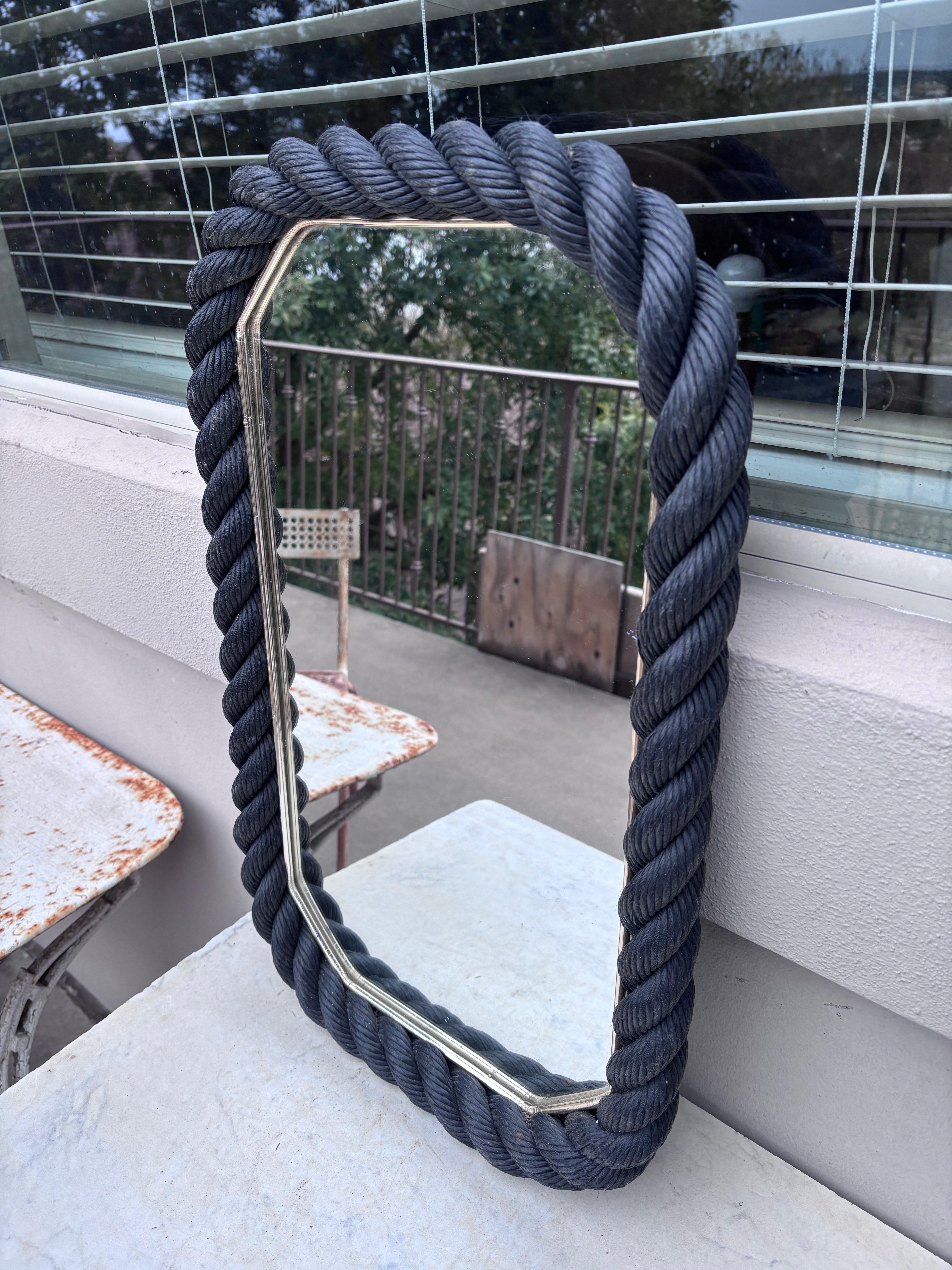 Mid-Century Modern Rectangular Black Rope Mirror Adrien Audoux & Frida Minet, circa 1960 For Sale