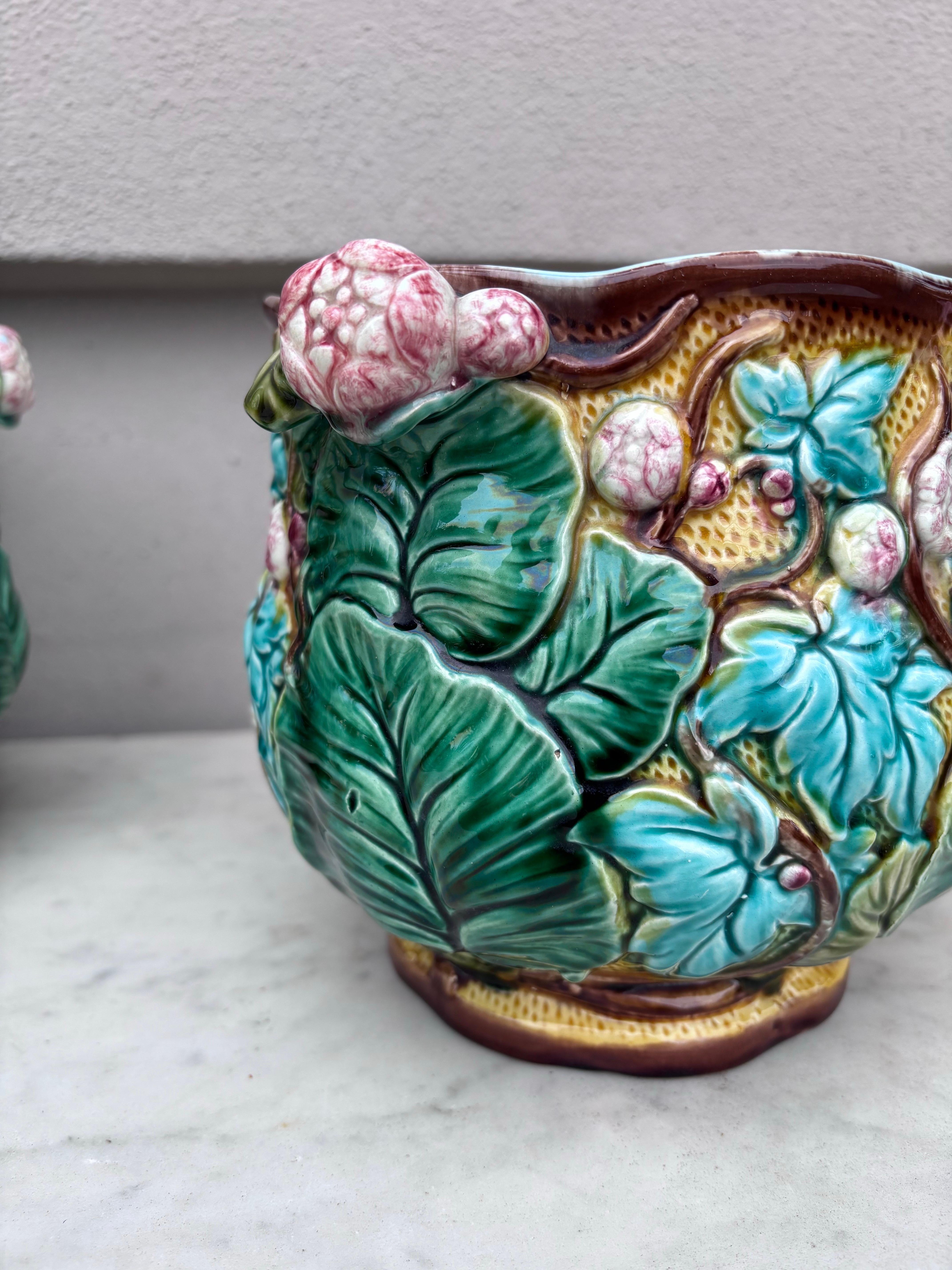 Paire de pots en majolique à fleurs et feuilles en Cache Luneville Circa 1890 en vente 1