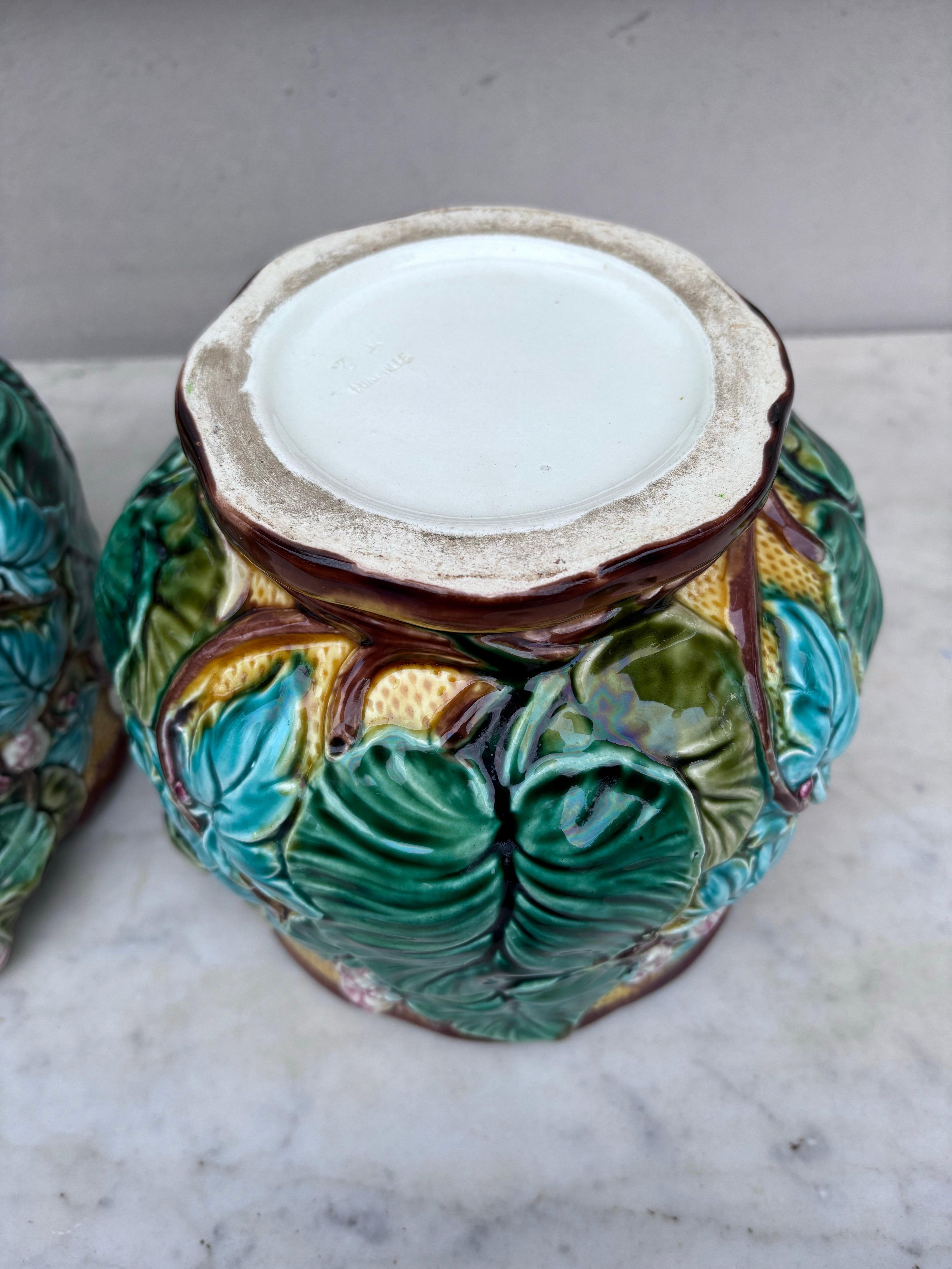 Paire de pots en majolique à fleurs et feuilles en Cache Luneville Circa 1890 en vente 5