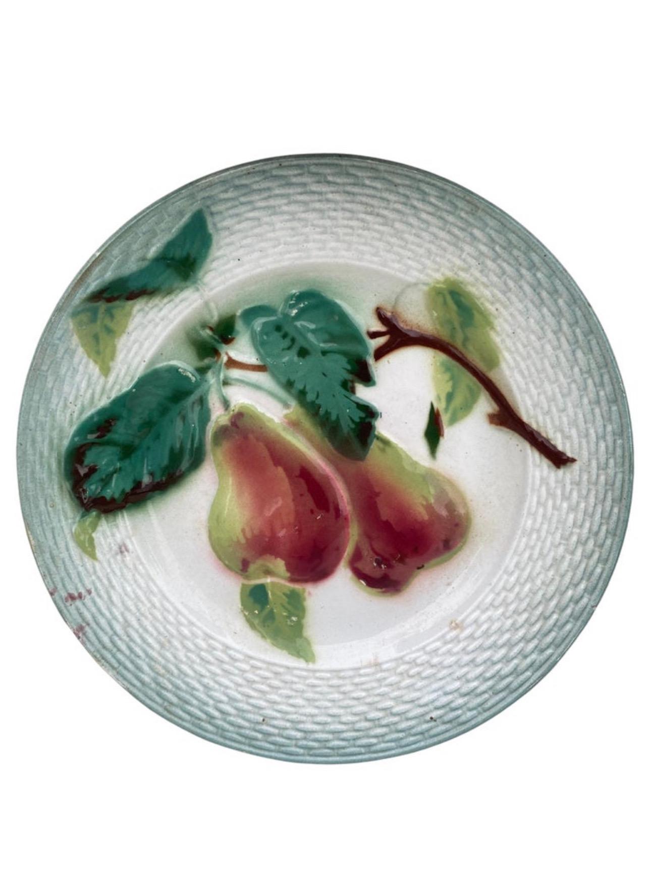 Mid-20th Century Majolica Pears Plate Keller & Guerin Saint Clement For Sale