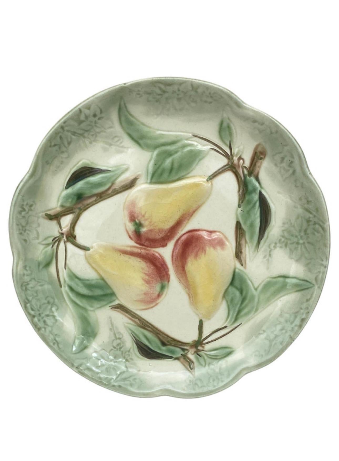 Majolica Pears Plate Keller & Guerin Saint Clement For Sale 1