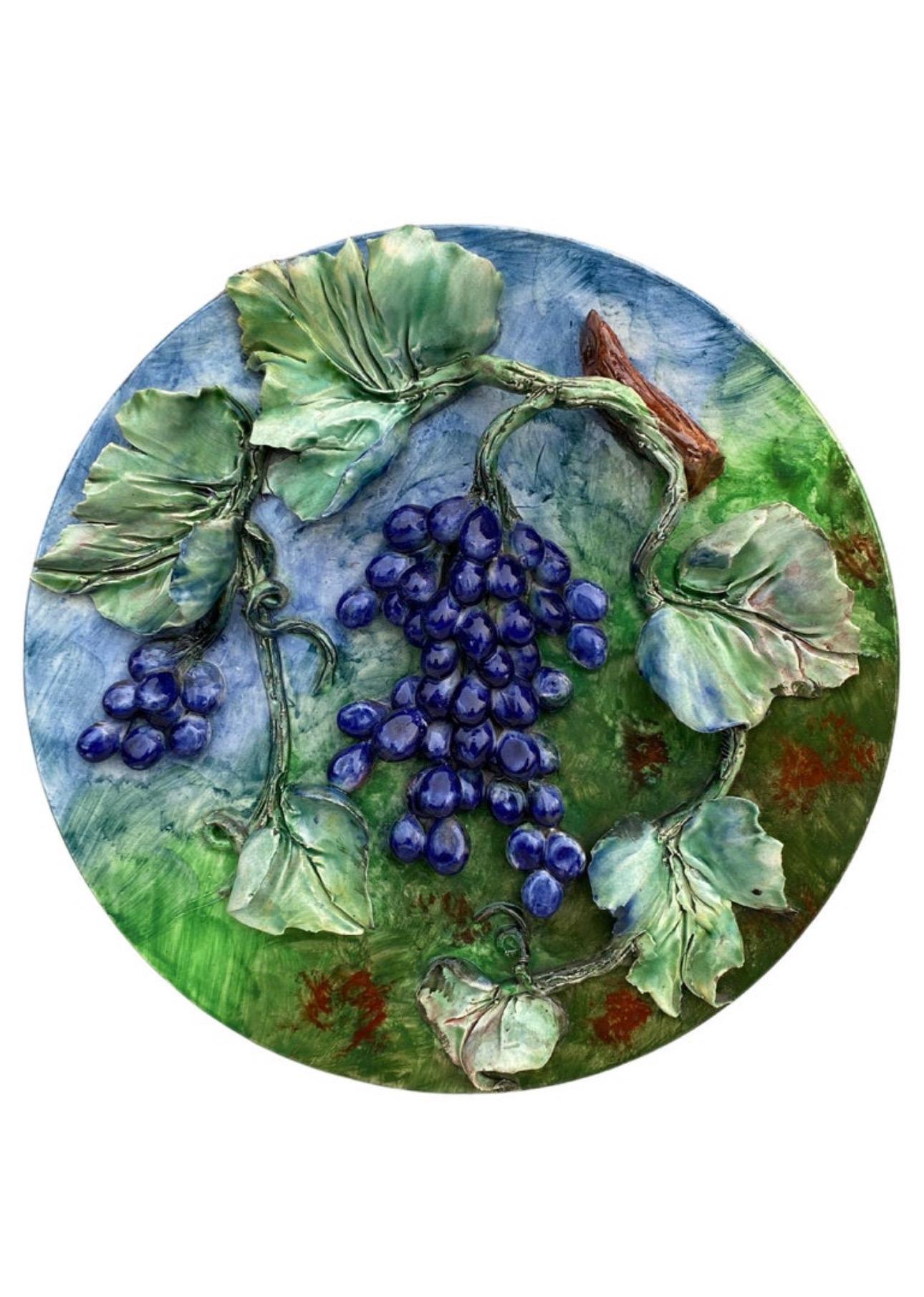 Ceramic Majolica Grapes Plate Keller & Guerin Saint Clement For Sale