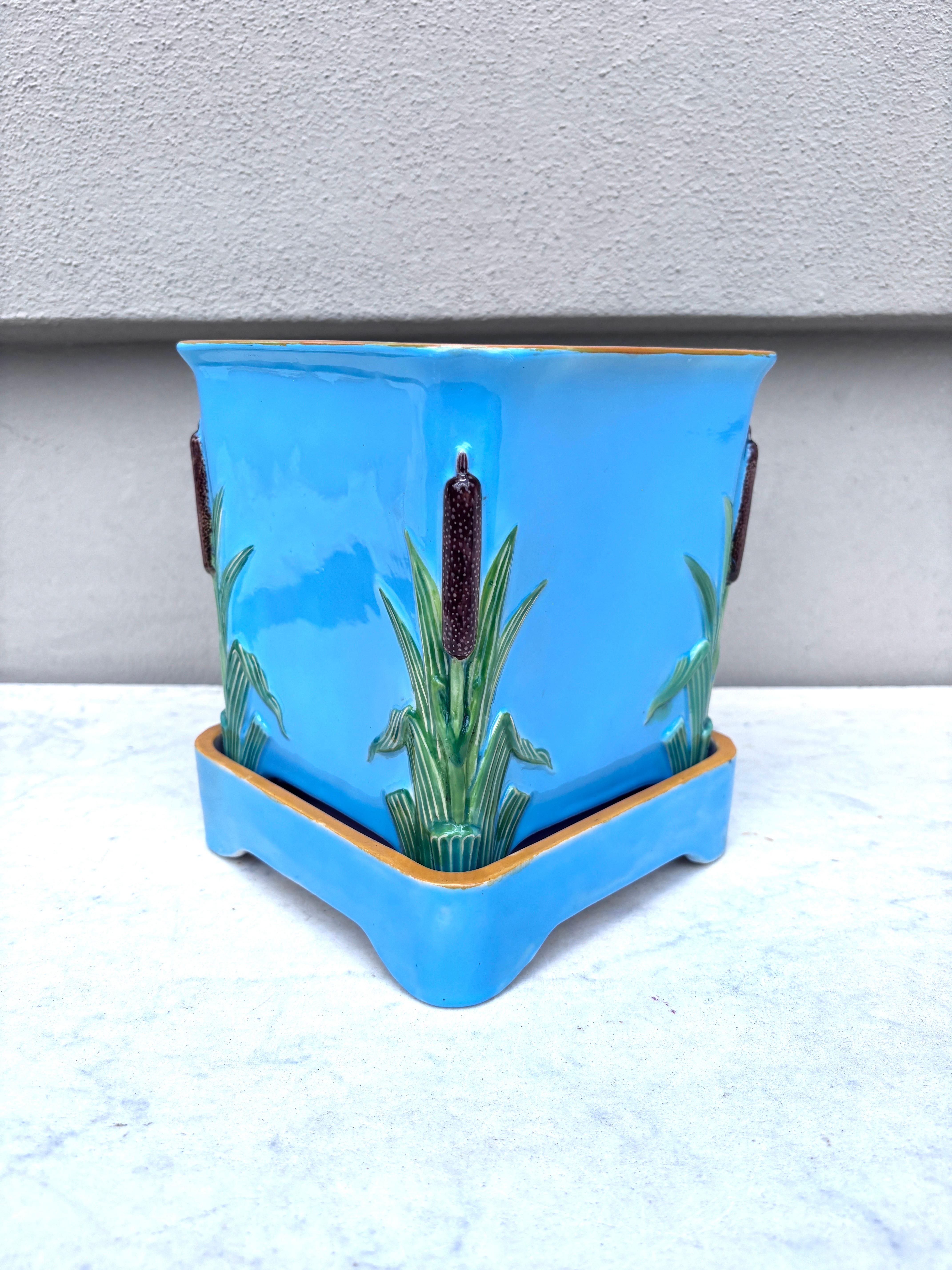 Victorian 19th Century Aqua Majolica Square Minton Jardiniere For Sale