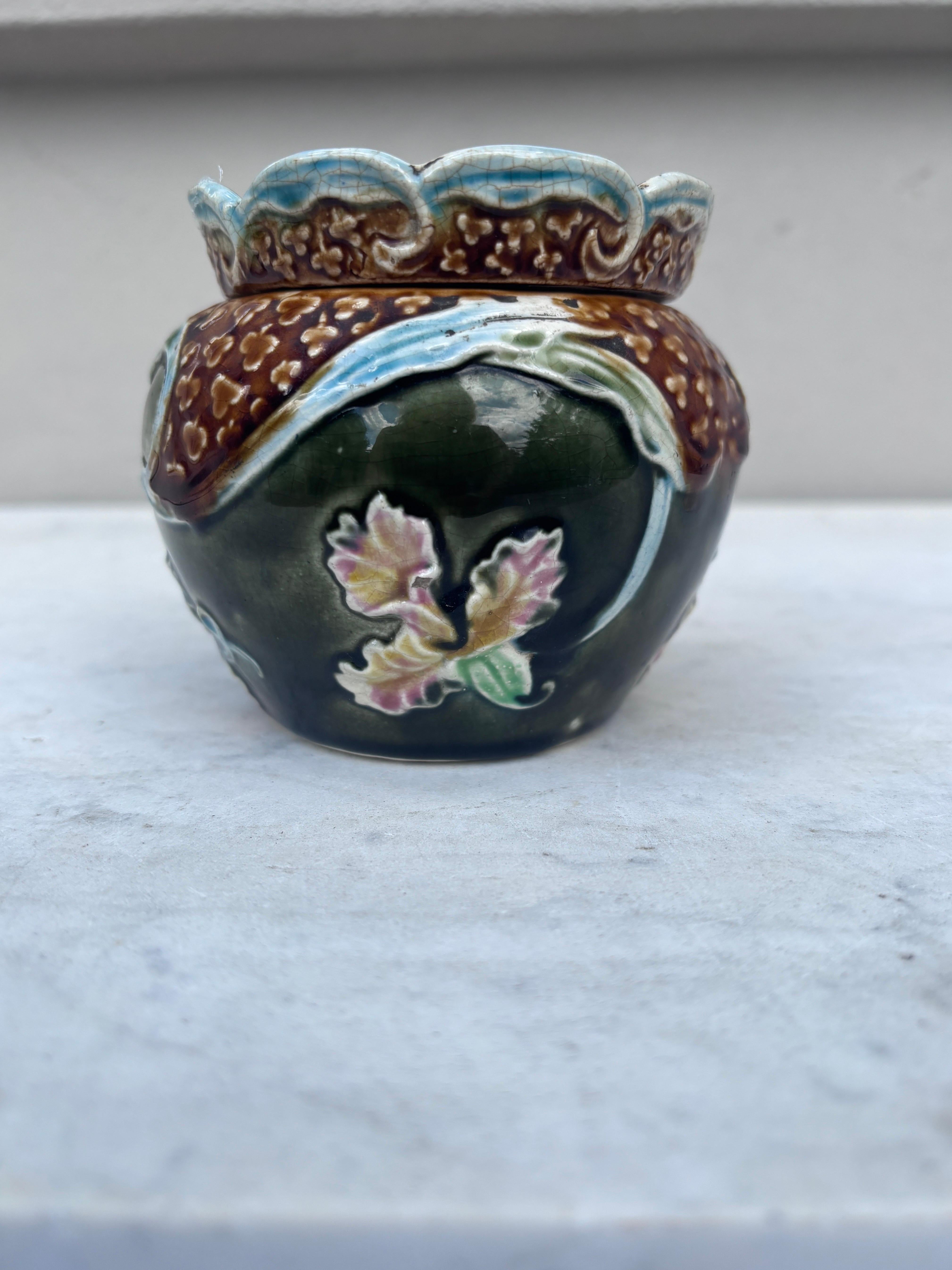 Late 19th Century Small Majolica Orchid Cache Pot Fives Lille, circa 1890 For Sale