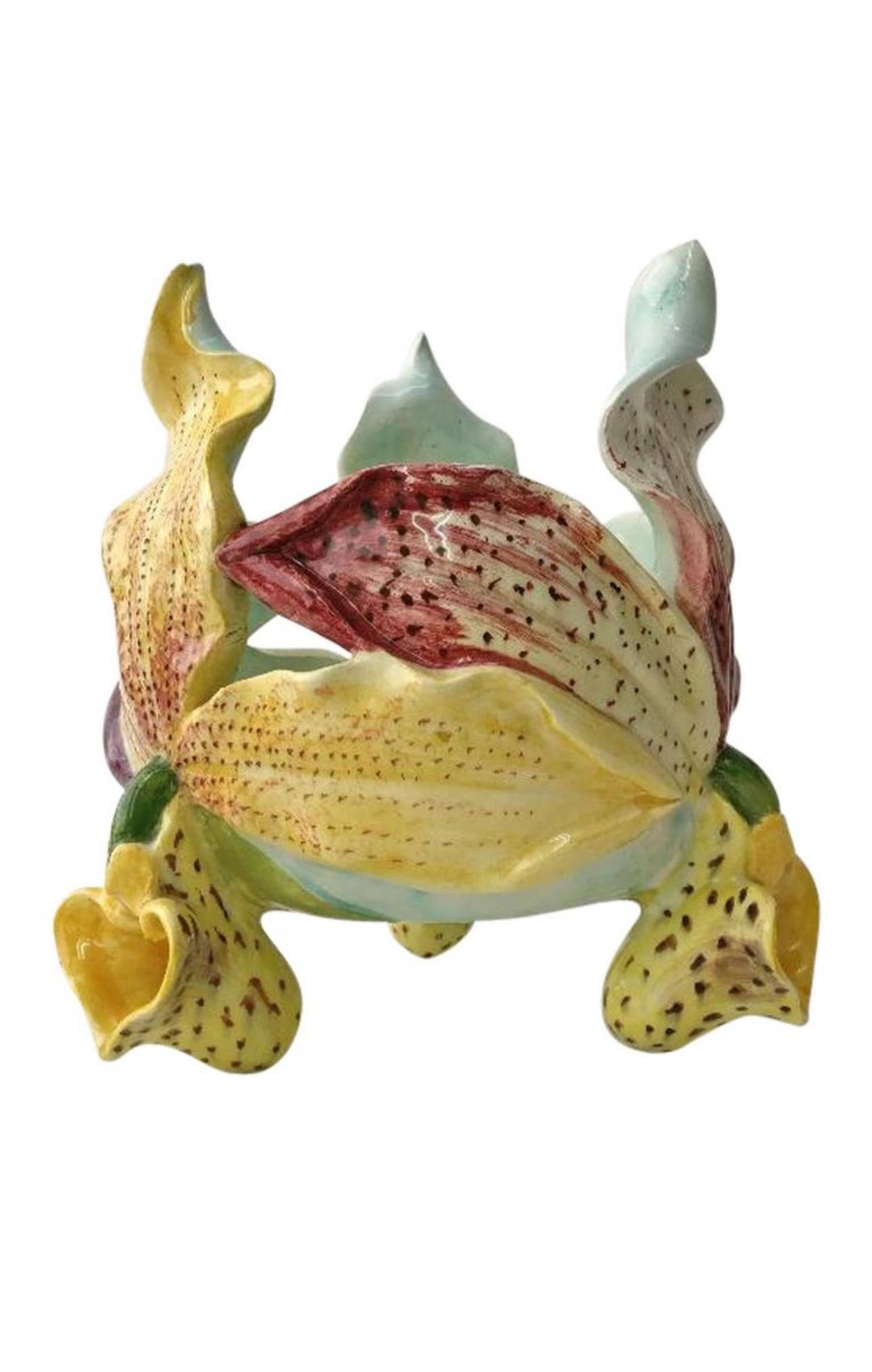 Ceramic Small Majolica Orchid Cache Pot Fives Lille, circa 1890 For Sale