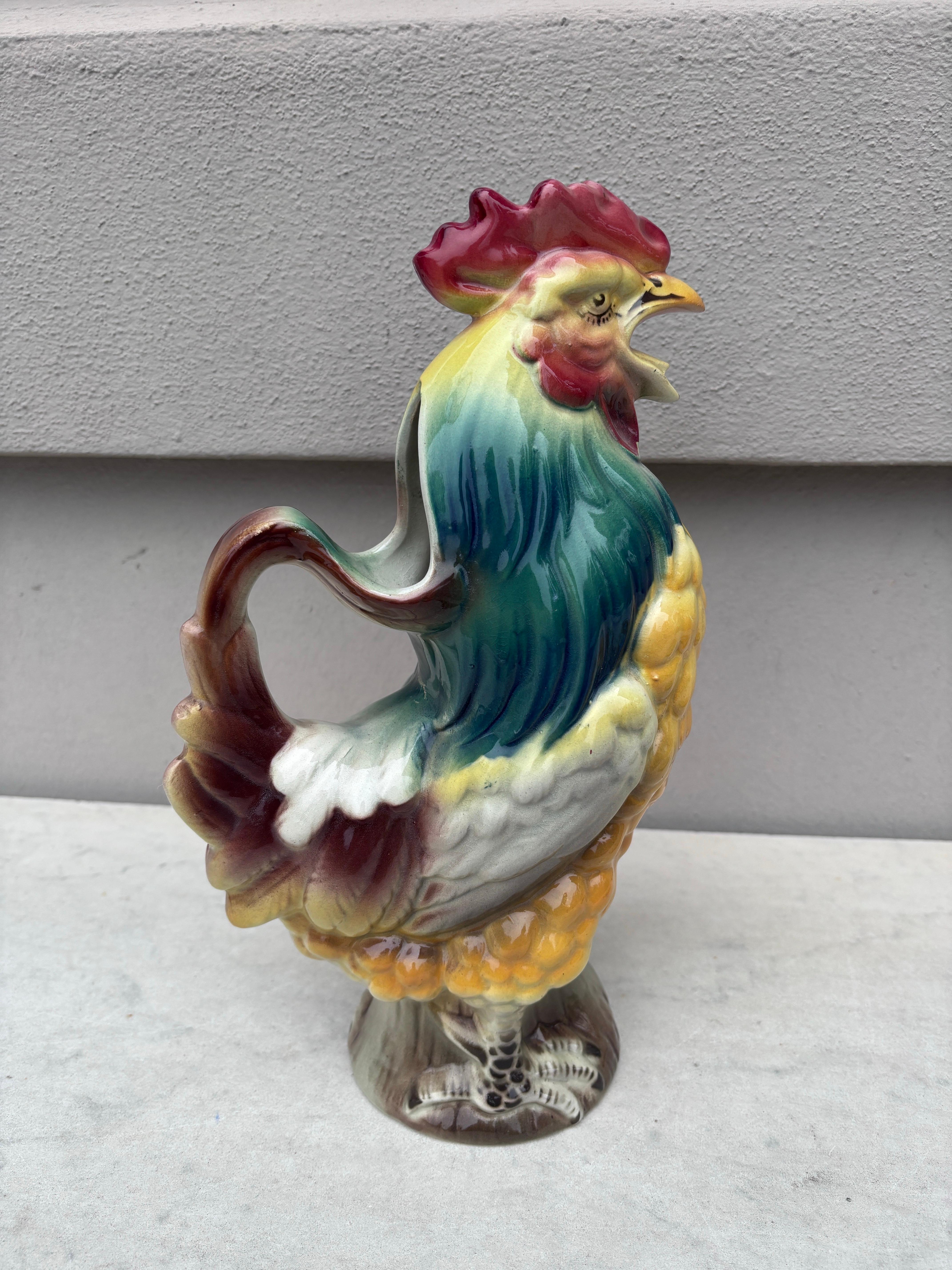 French Majolica Rooster Pitcher Keller and Guerin Saint Clement