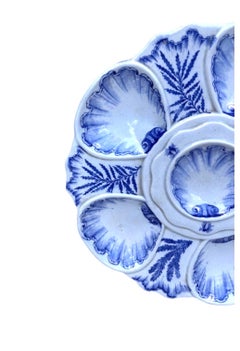 19th Century Blue & White Seaweeds Oyster Plate Bordeaux