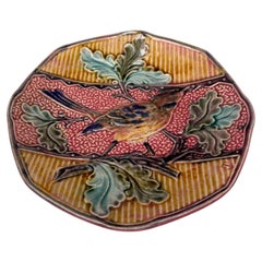 19th Century Belgium Majolica Bird With Oak Leaves Plate Wasmuel