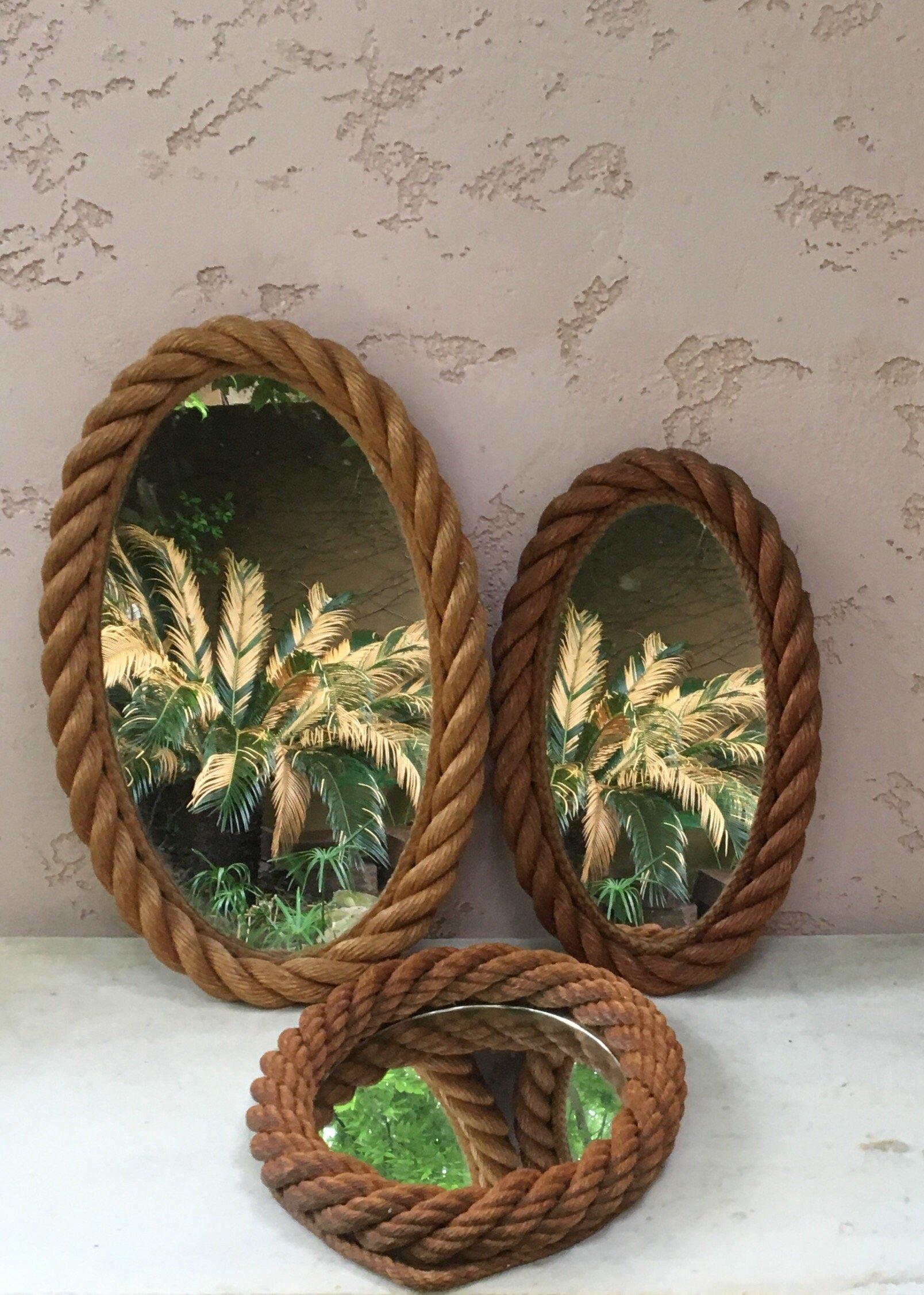 French Large Oval Rope Mirror Audoux Minet, circa 1960