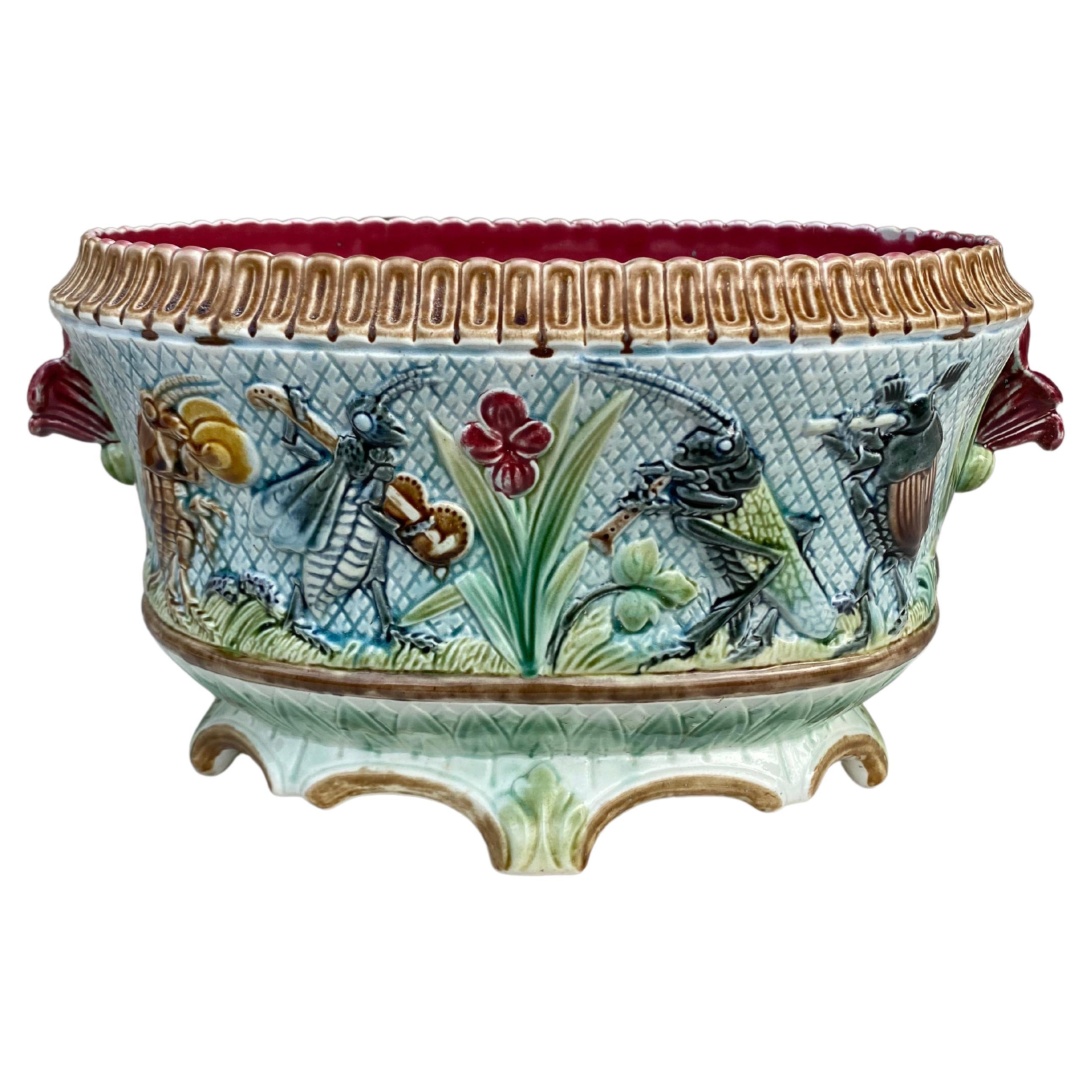 19th Century Majolica Insects Musicians Jardinière