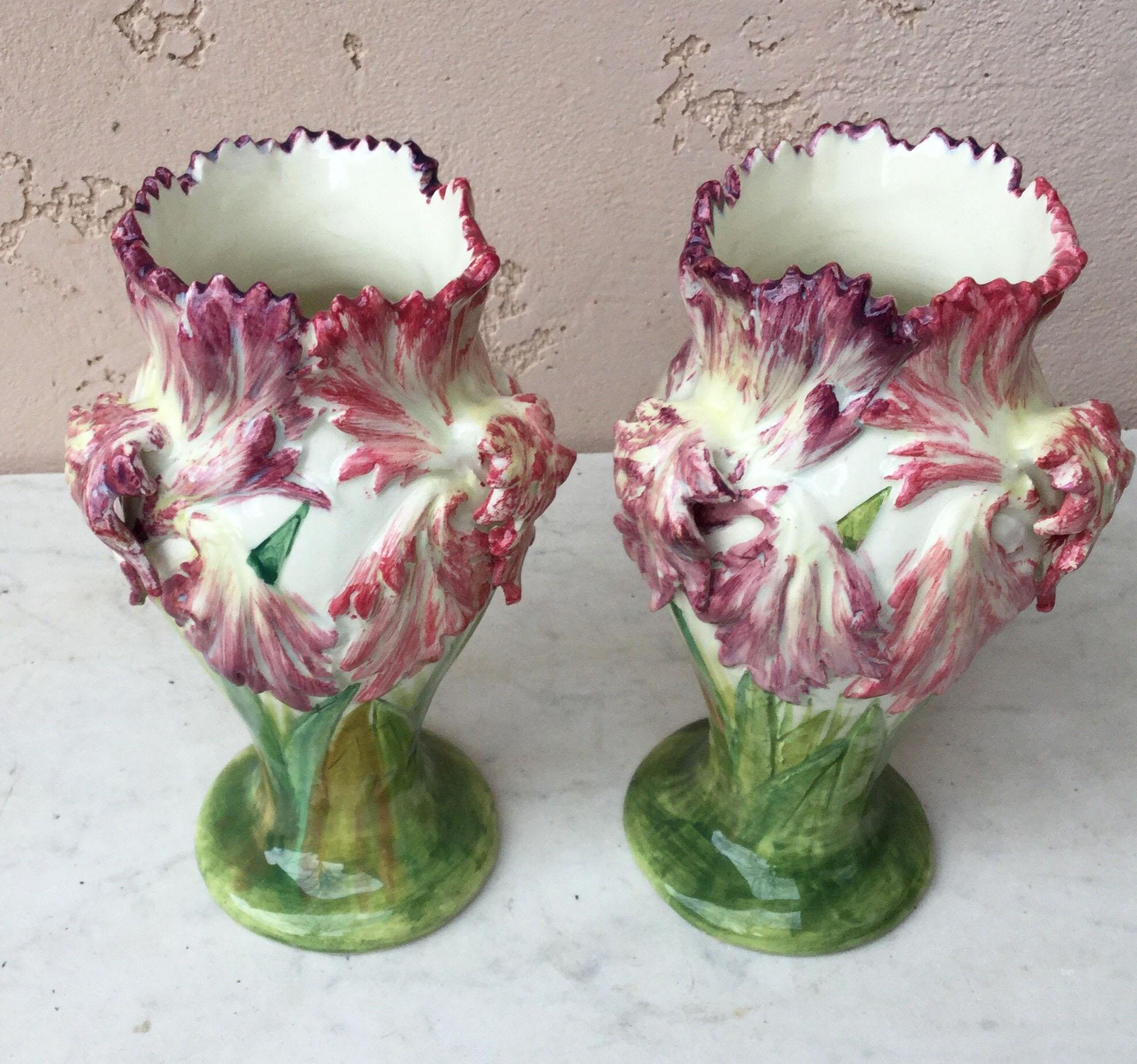 Pair of Majolica pink and purple fringed tulips vases signed Delphin Massier, circa 1880.