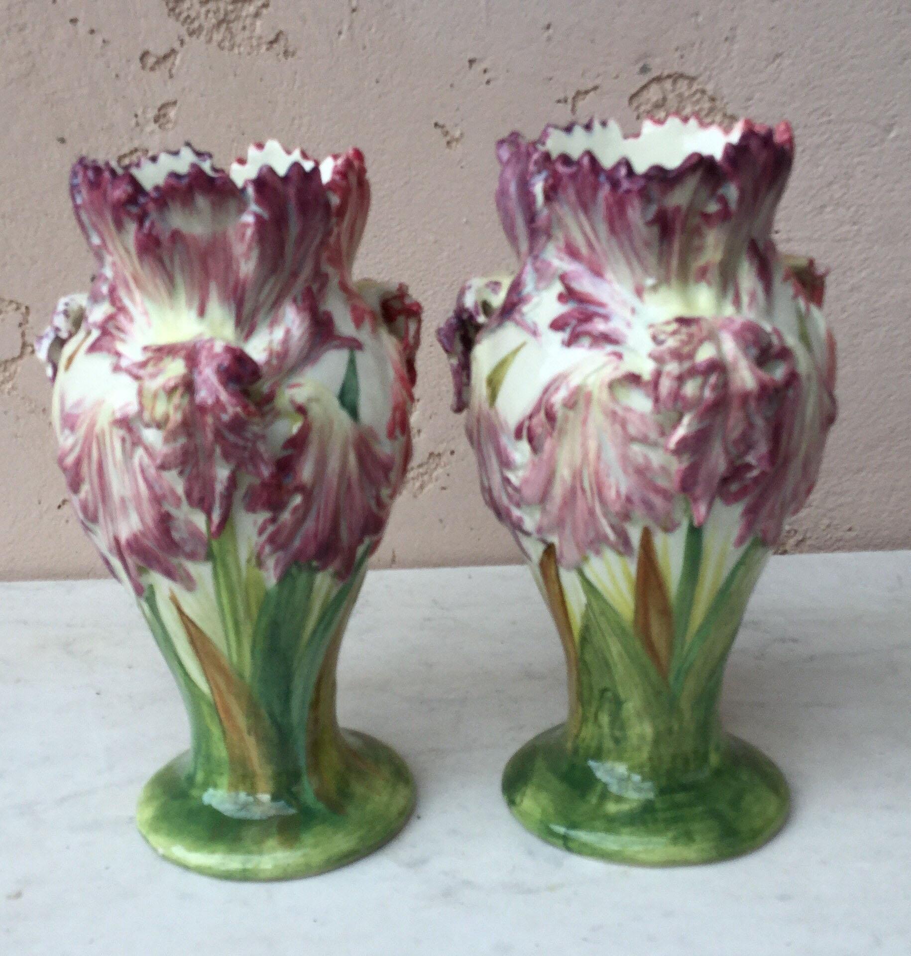 French Pair of Majolica Tulip Vases Delphin Massier, circa 1880