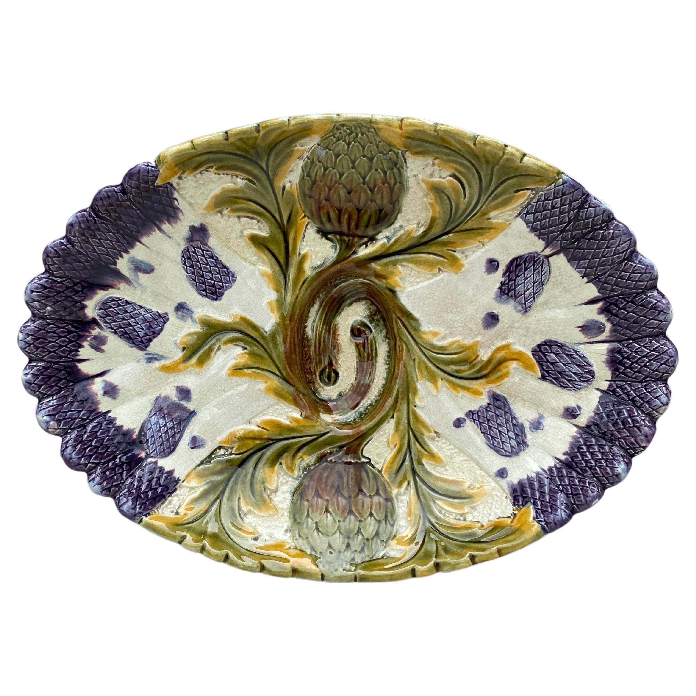 Plato de espárragos de mayólica Orchies, hacia 1880 en venta