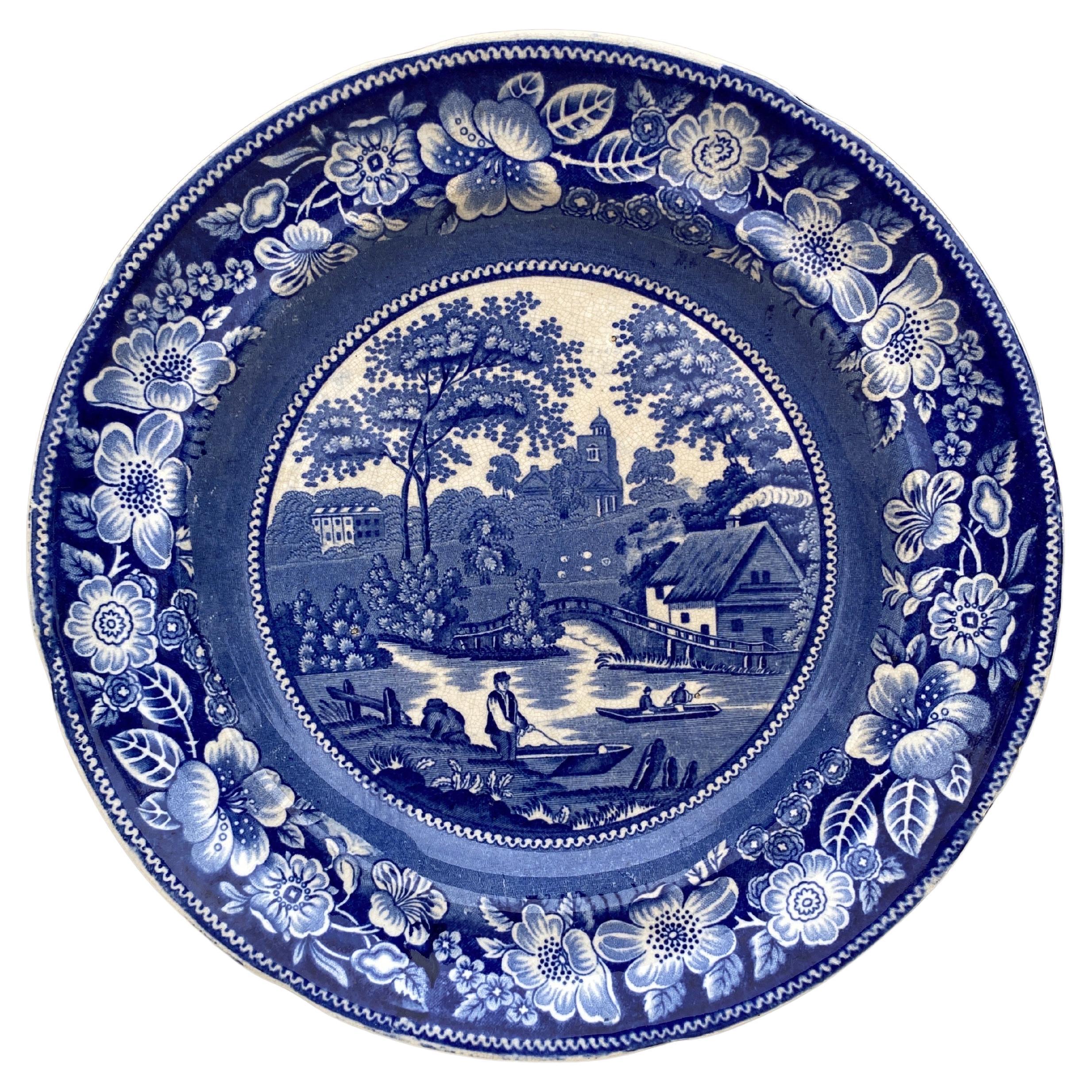 19th Century English Blue and White Wild Rose Plate For Sale