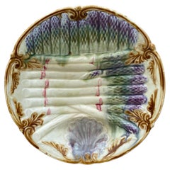 Plato de espárragos de mayólica francesa Onnaing, hacia 1890