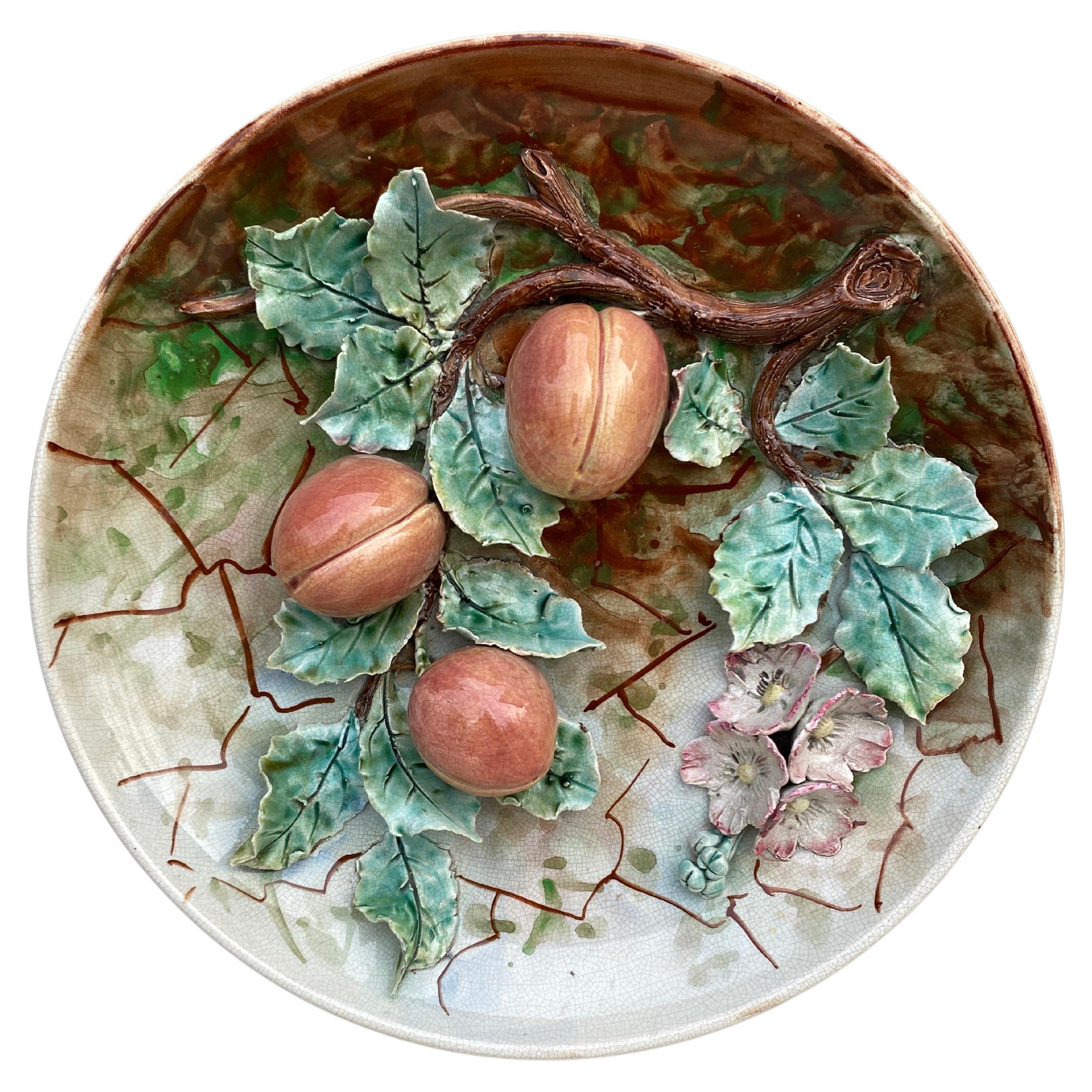 Large 19th Century Majolica Apricots Wall Platter Fives Lille For Sale