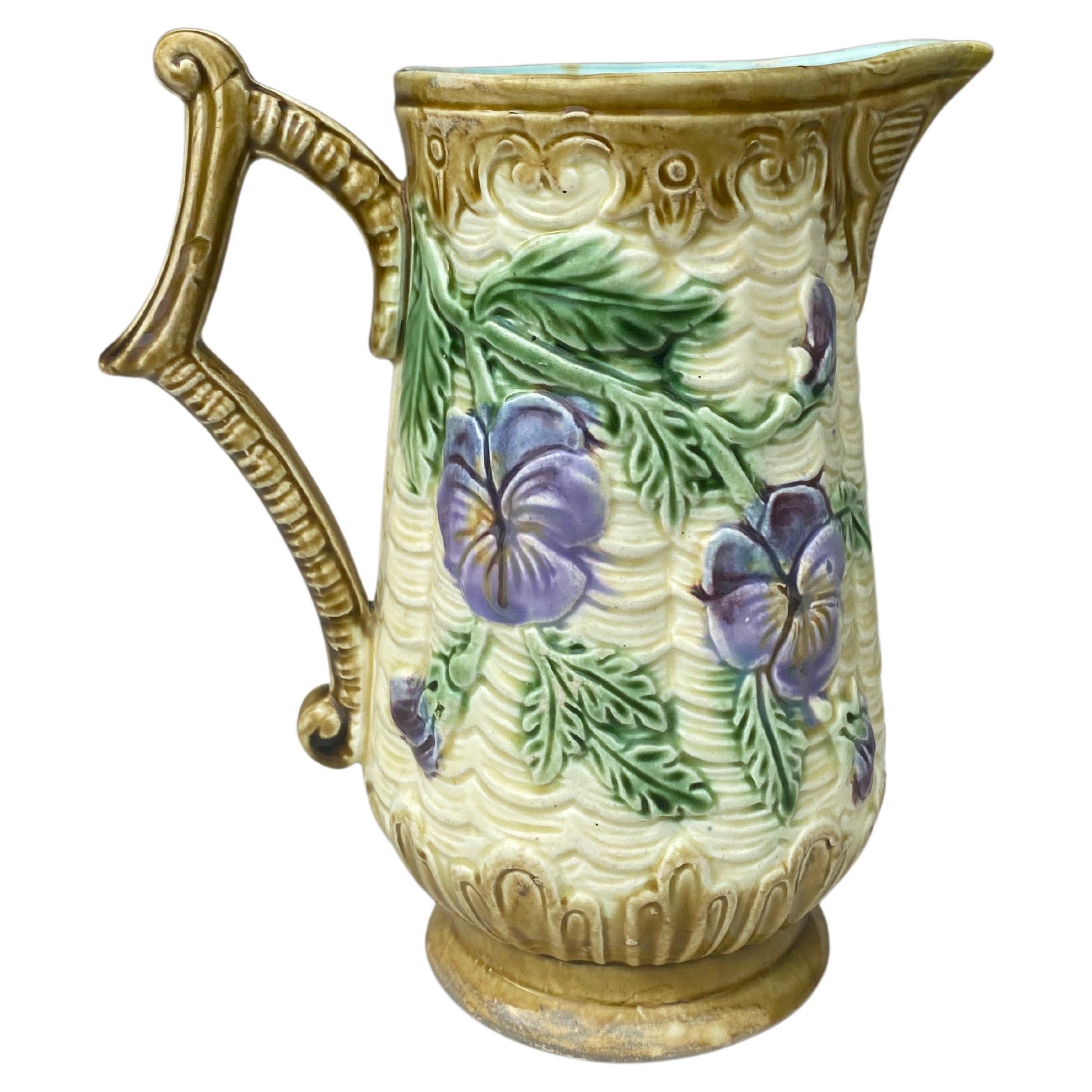 French Majolica Pansies Pitcher Orchies, circa 1890 For Sale