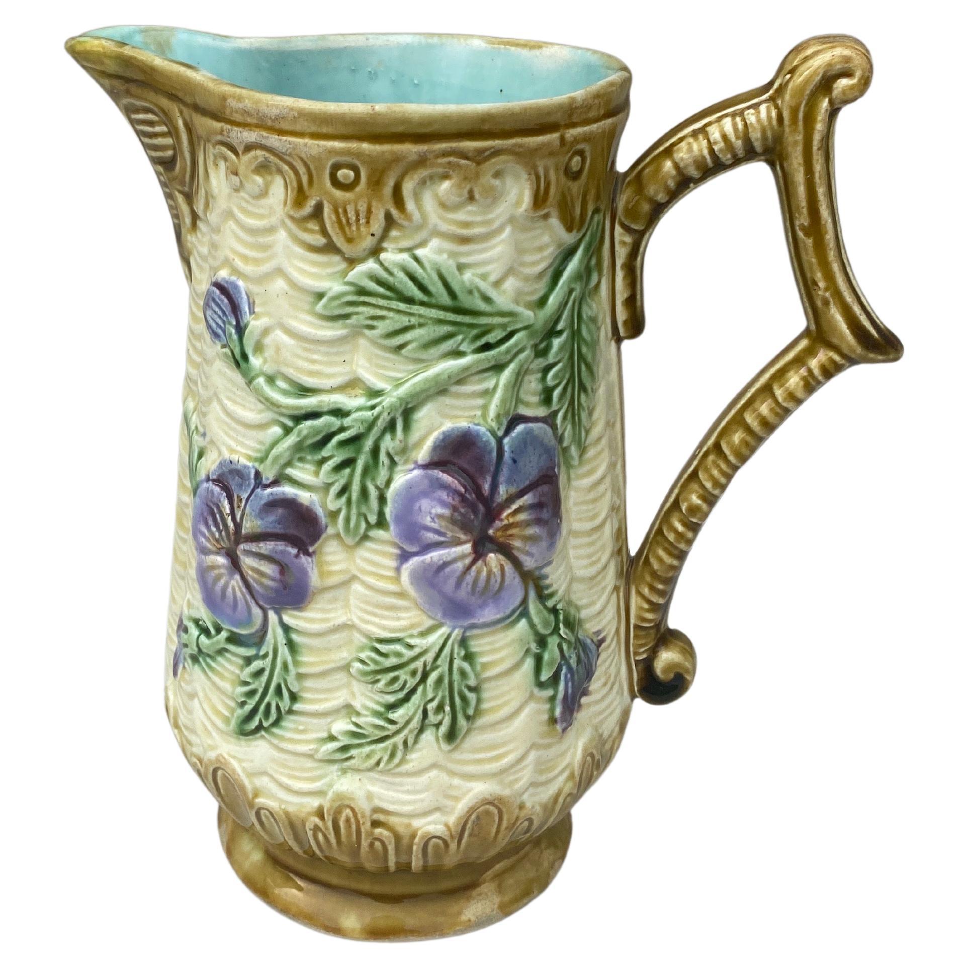 Country French Majolica Pansies Pitcher Orchies, circa 1890 For Sale