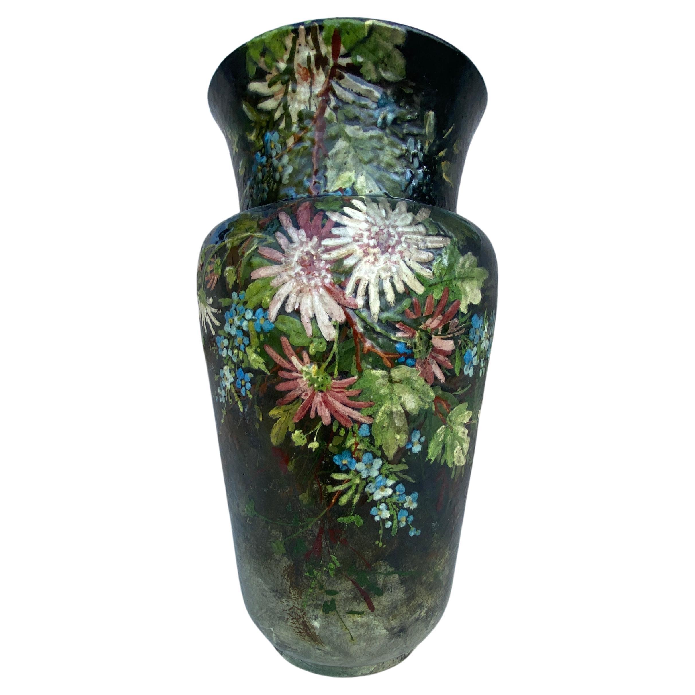 Grand vase en majolique française avec fleurs d'Edouard Gilles, vers 1880