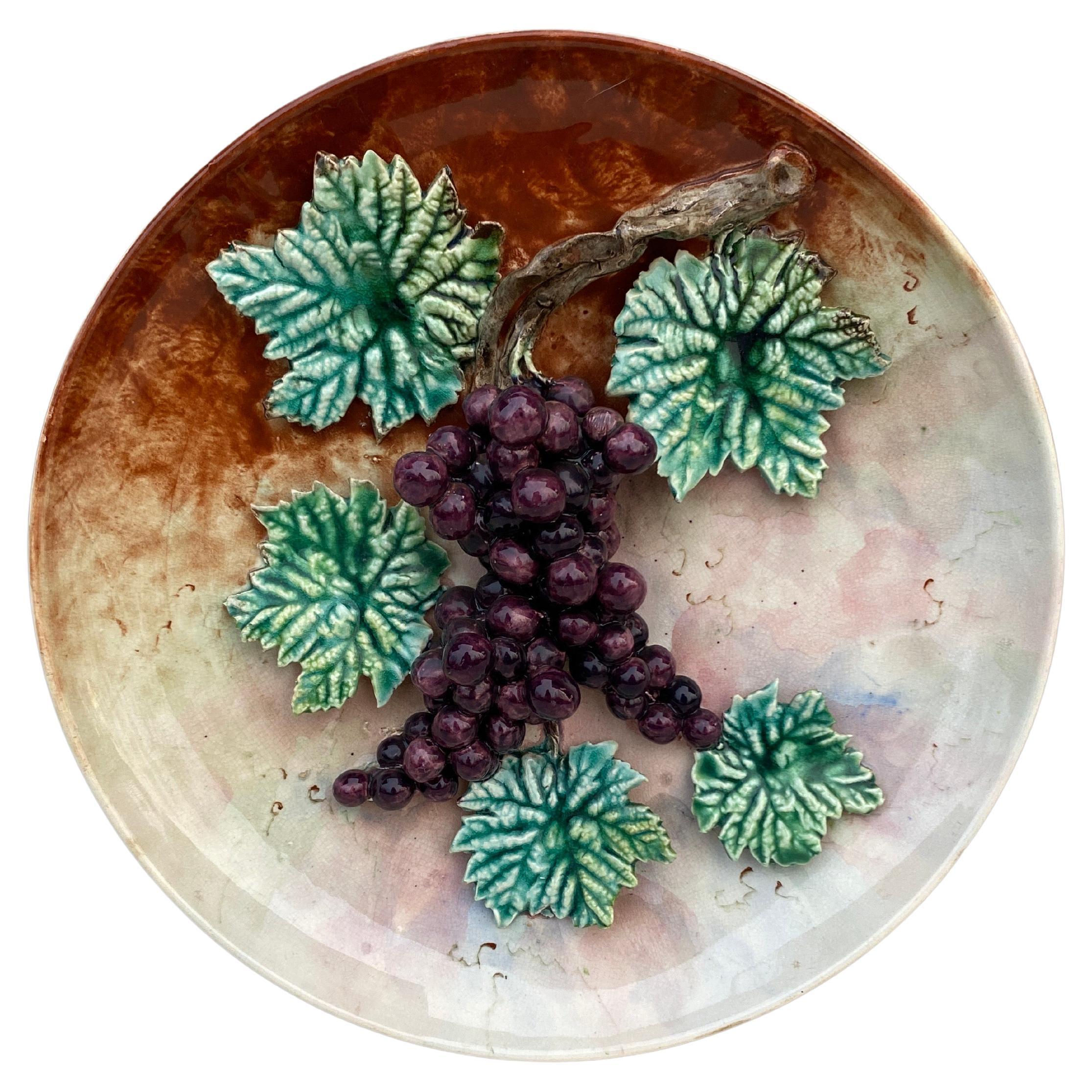 19th Century Majolica Grapes Wall Platter Fives Lille For Sale