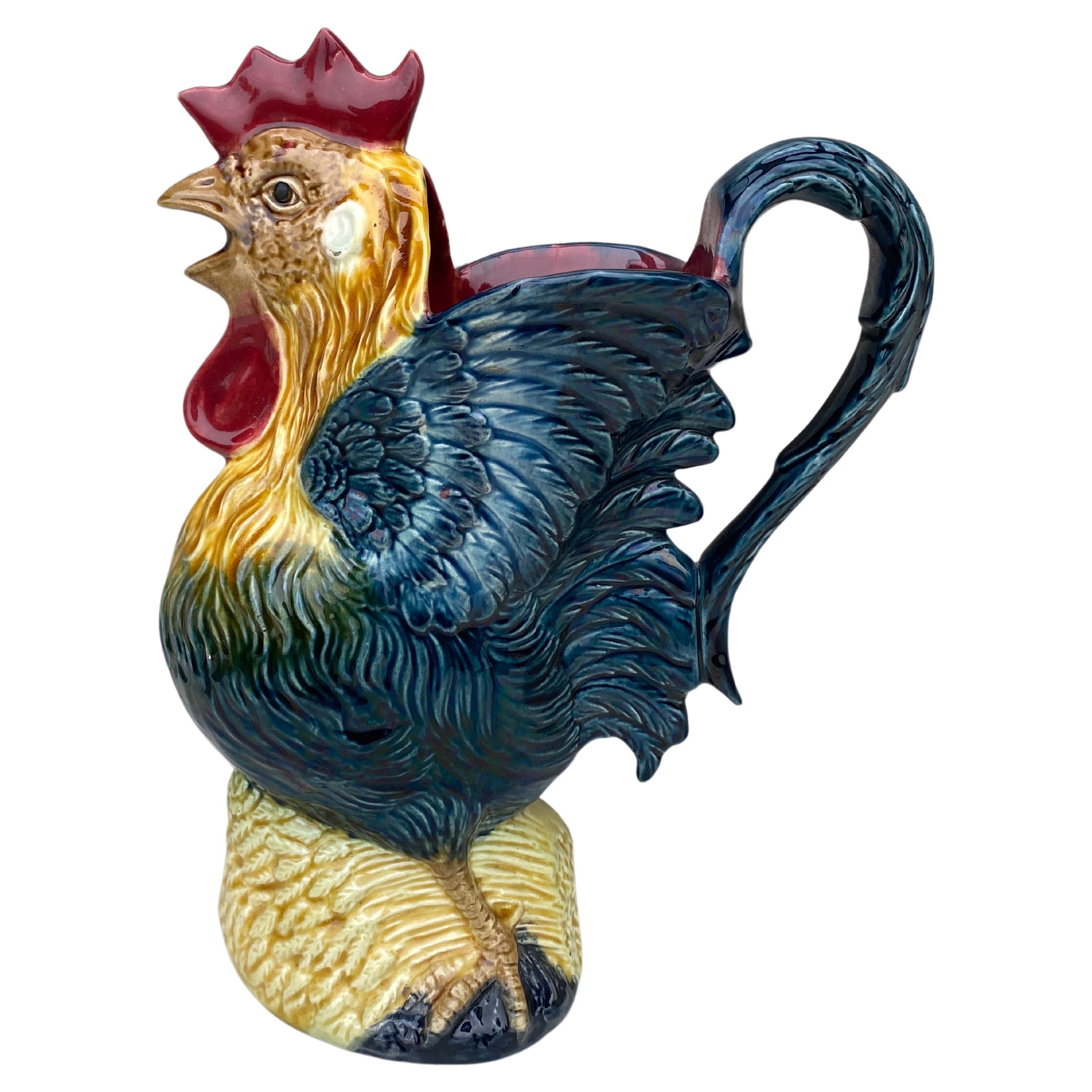 French Majolica Rooster Pitcher Orchies, circa 1890