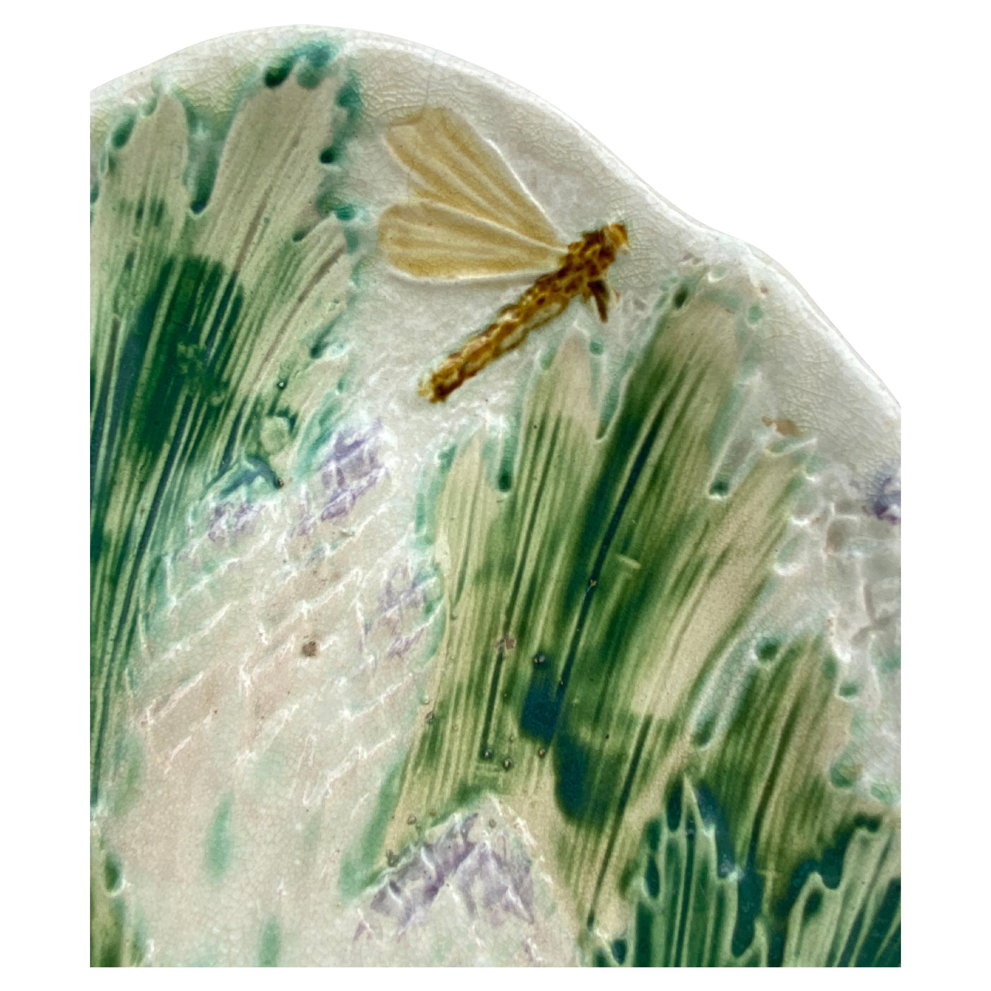 Rare French Majolica Asparagus platter, circa 1880.
Large leaves with a dragonfly.