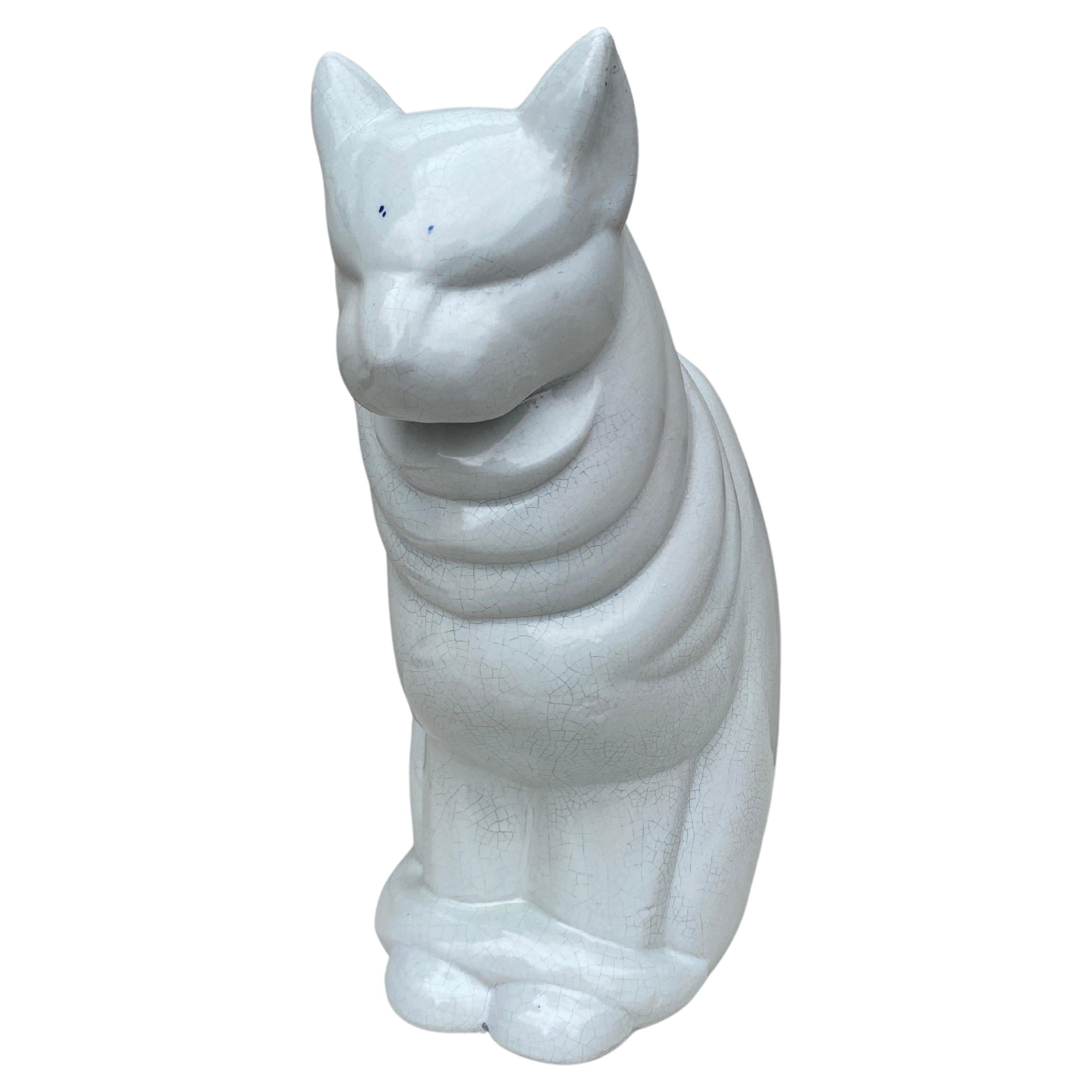Ceramic Large Rare White Faience Cat Art Deco Jacques Adnet For Sale
