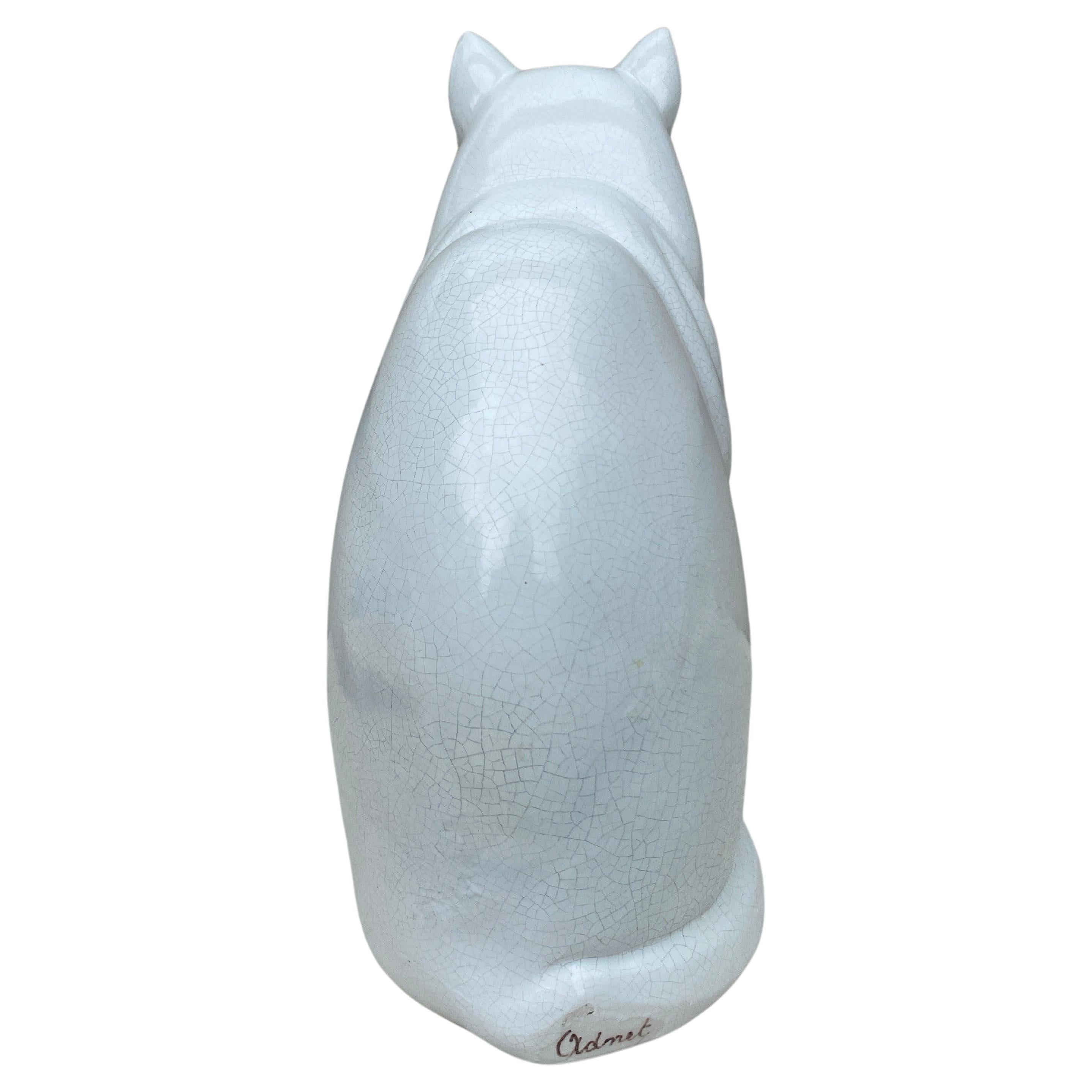 French Large Rare White Faience Cat Art Deco Jacques Adnet For Sale