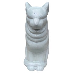 Large Rare White Faience Cat Art Deco Jacques Adnet