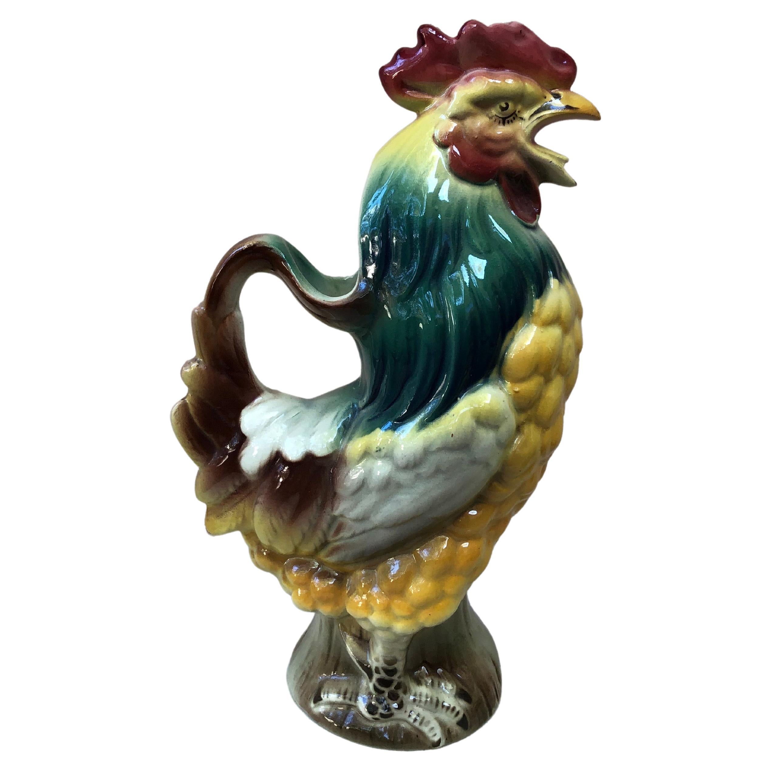 French Majolica Rooster Pitcher Keller and Guerin Saint Clement For Sale