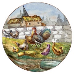 Große französische Fayence-Platte mit Bauernhofsszene, um 1890