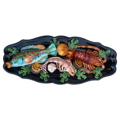 Mid-Century Large Oval Majolica Palissy Fish & Lobster Platter Vallauris