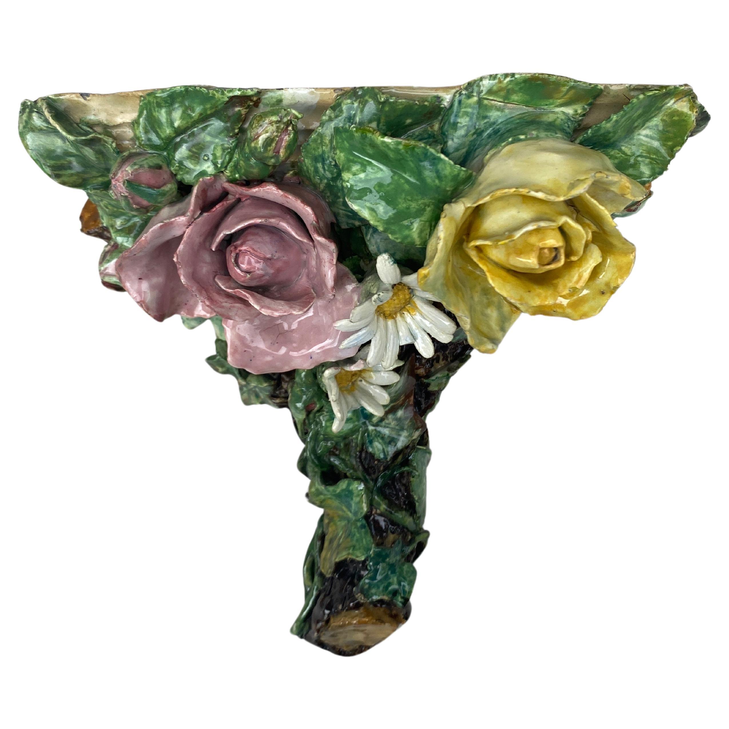 19th Century French Majolica Sconce with Roses & Daisies For Sale