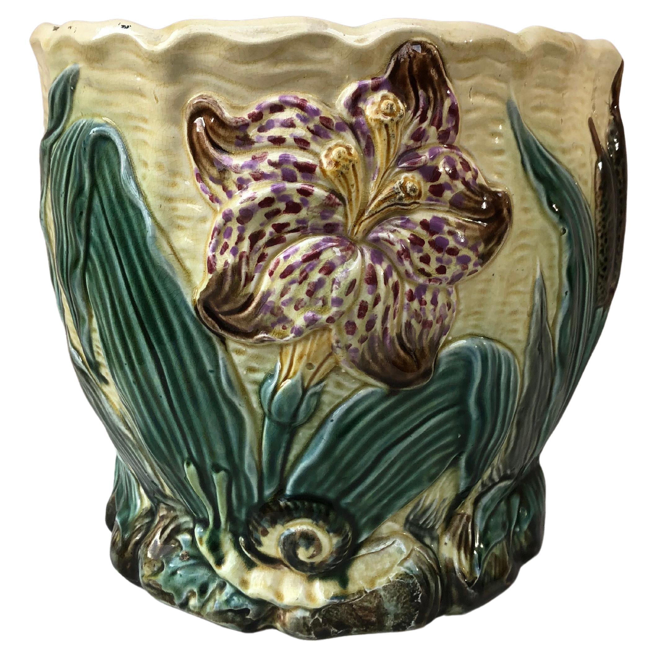 19th Century Majolica Jardinière Flower and Snail Wasmuel For Sale