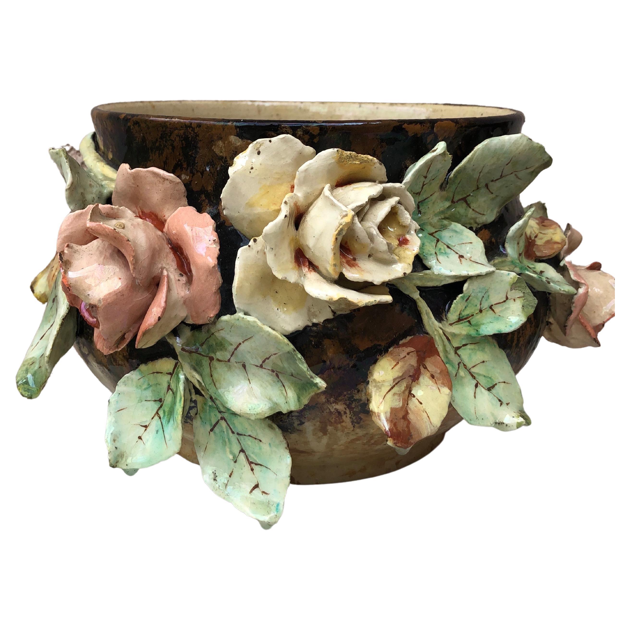 Pair of Majolica Jardinières with Roses Edouard Gilles, circa 1880 For Sale