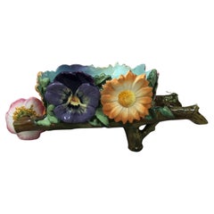 Used Rare Majolica Wheelbarrow Jardiniere Delphin Massier, Circa 1890