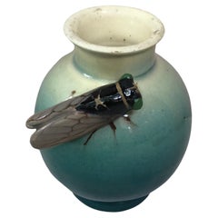 Vintage Small Blue Majolica Cicada Vase Jerome Massier Fils, circa 1940