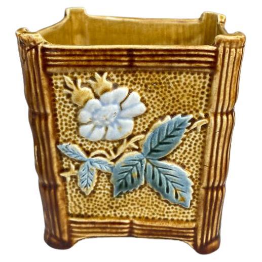 French Majolica Square Jardiniere with Flowers, Circa 1890 For Sale