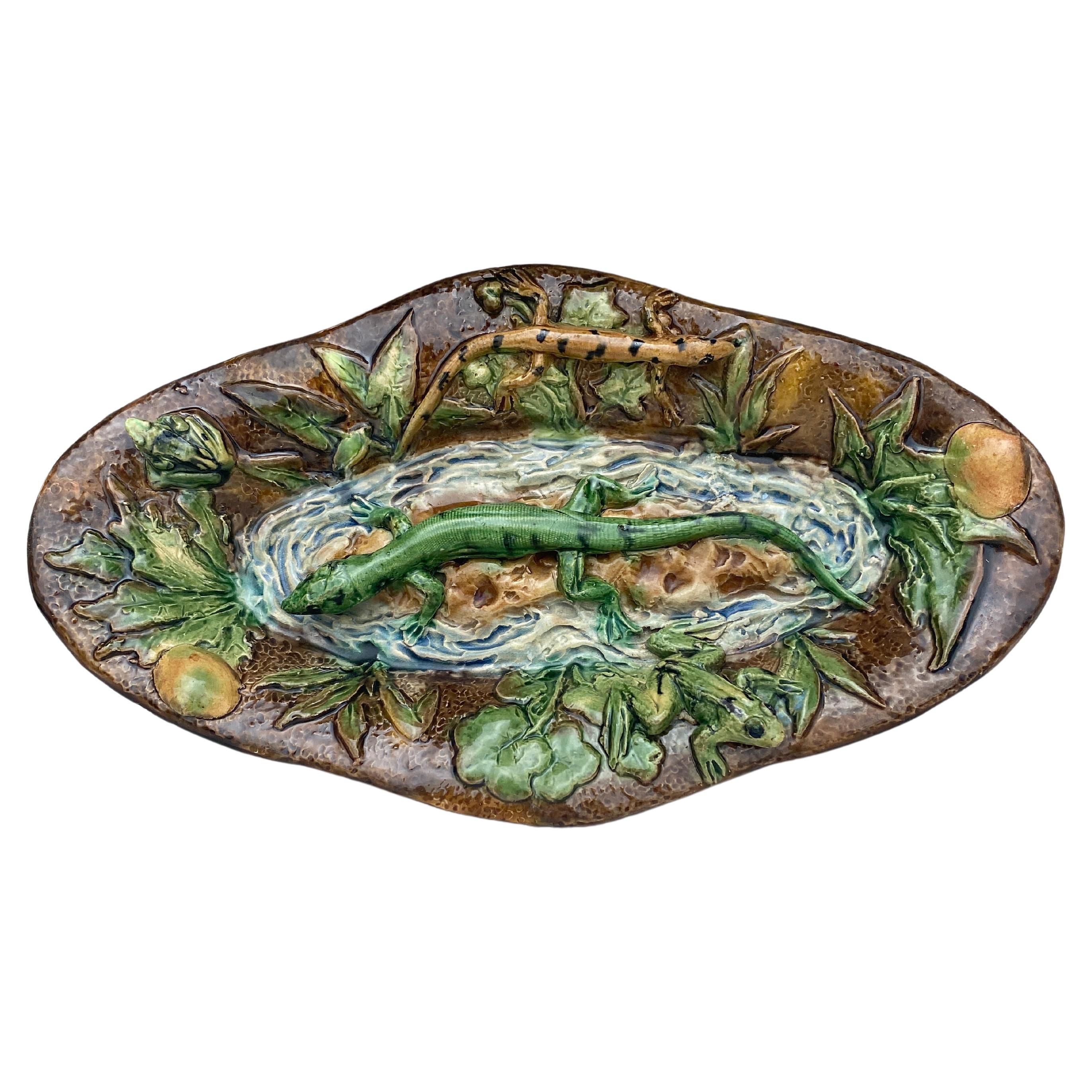 19th Century Majolica Palissy Lizard Wall Platter Alfred Renoleau For Sale