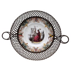 Cesta de alambre de mayólica francesa Sarreguemines, hacia 1890