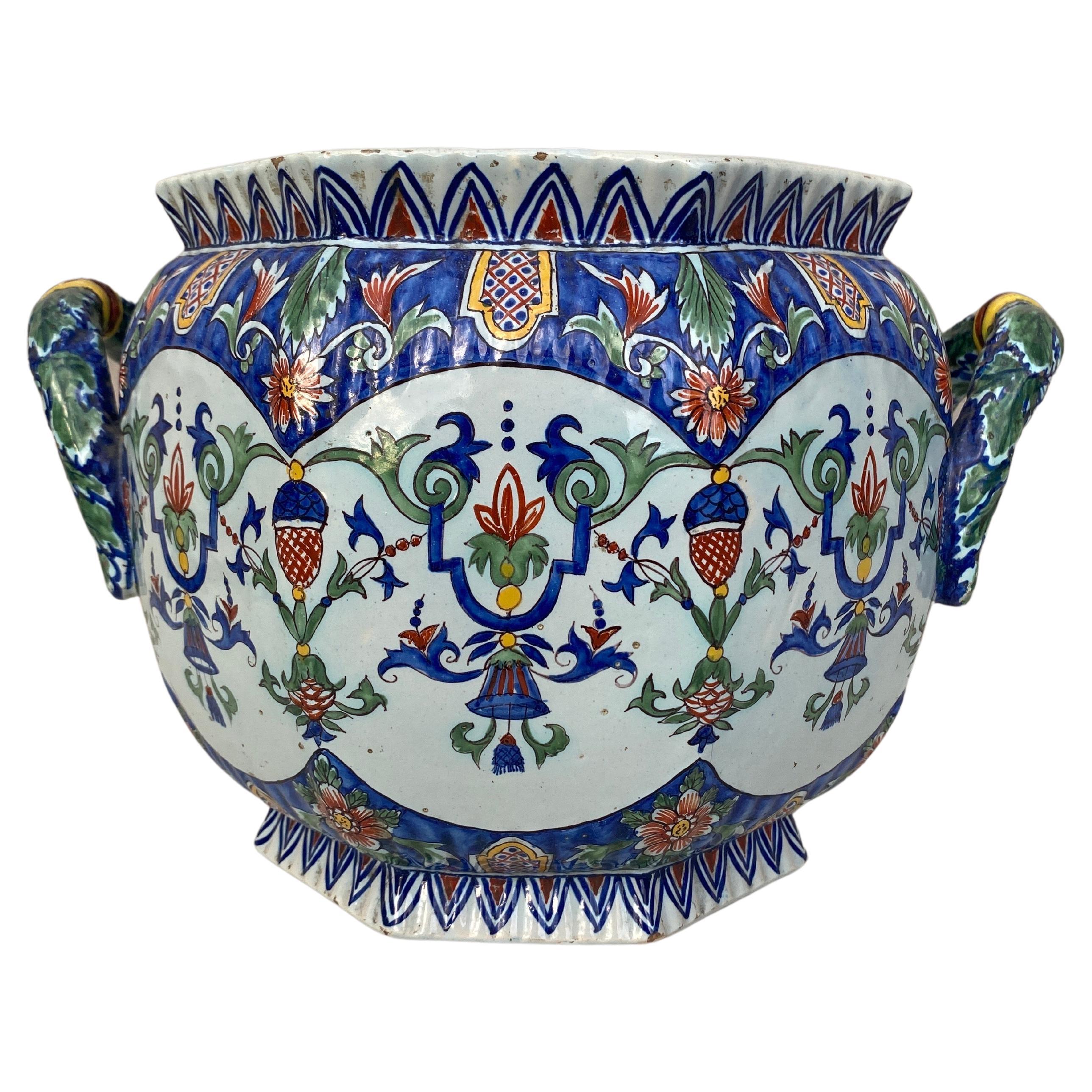 19th Century Large French Faience Cachepot Fourmaintraux Desvres For Sale