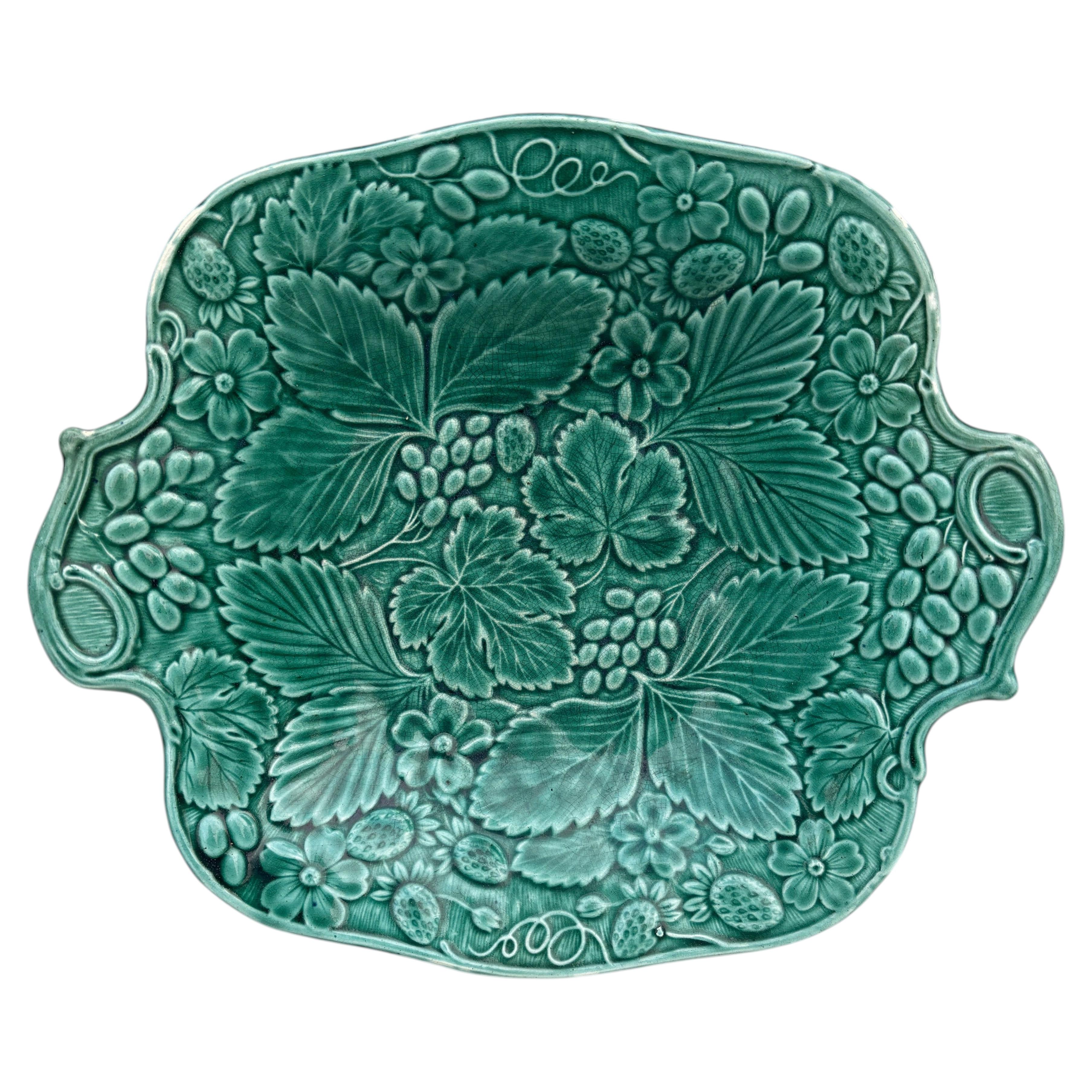 19th Century English Green Majolica Strawberry Platter