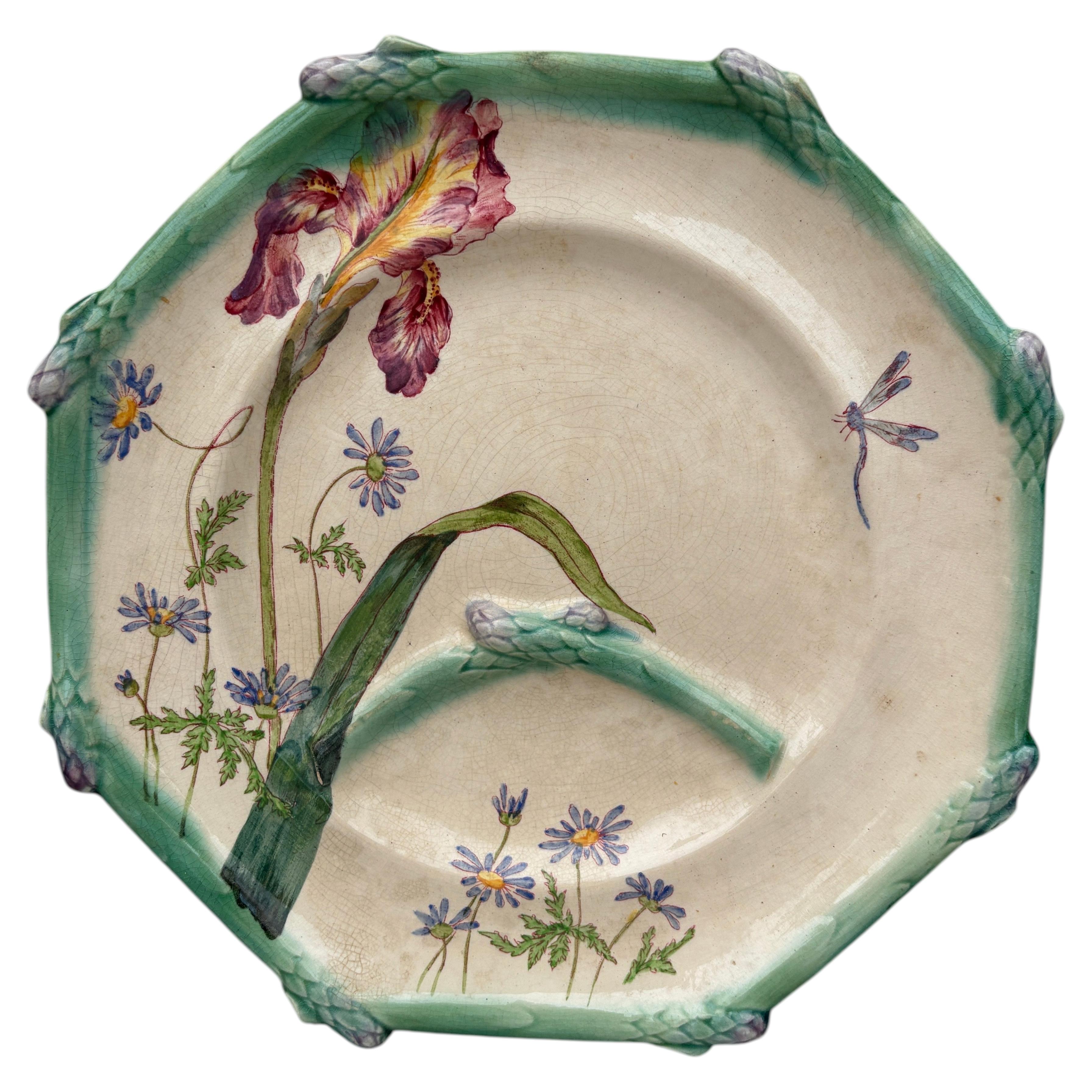19th French Majolica Asparagus Plate Iris Longchamp