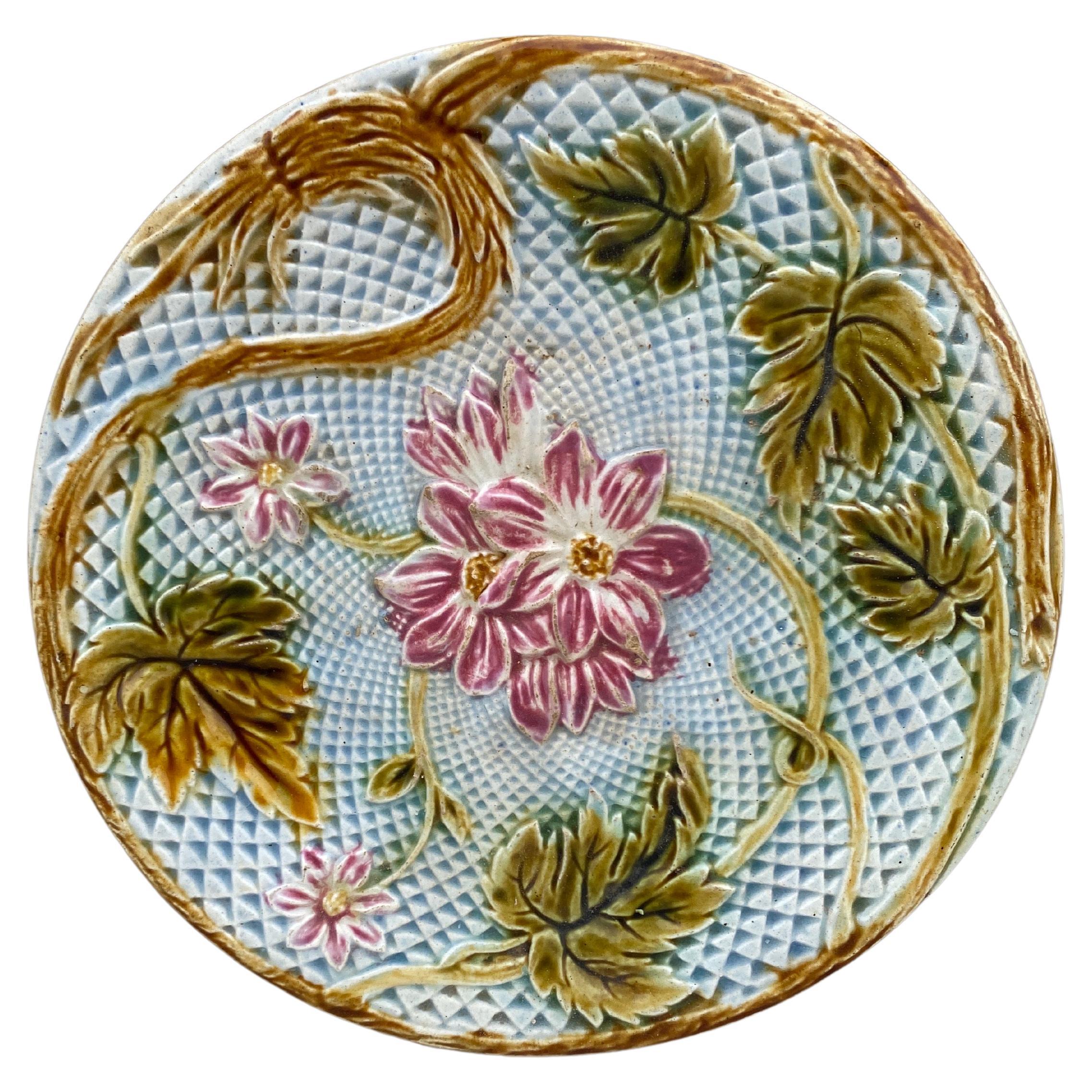 French Majolica Pink Flowers Salins, Circa 1890 For Sale